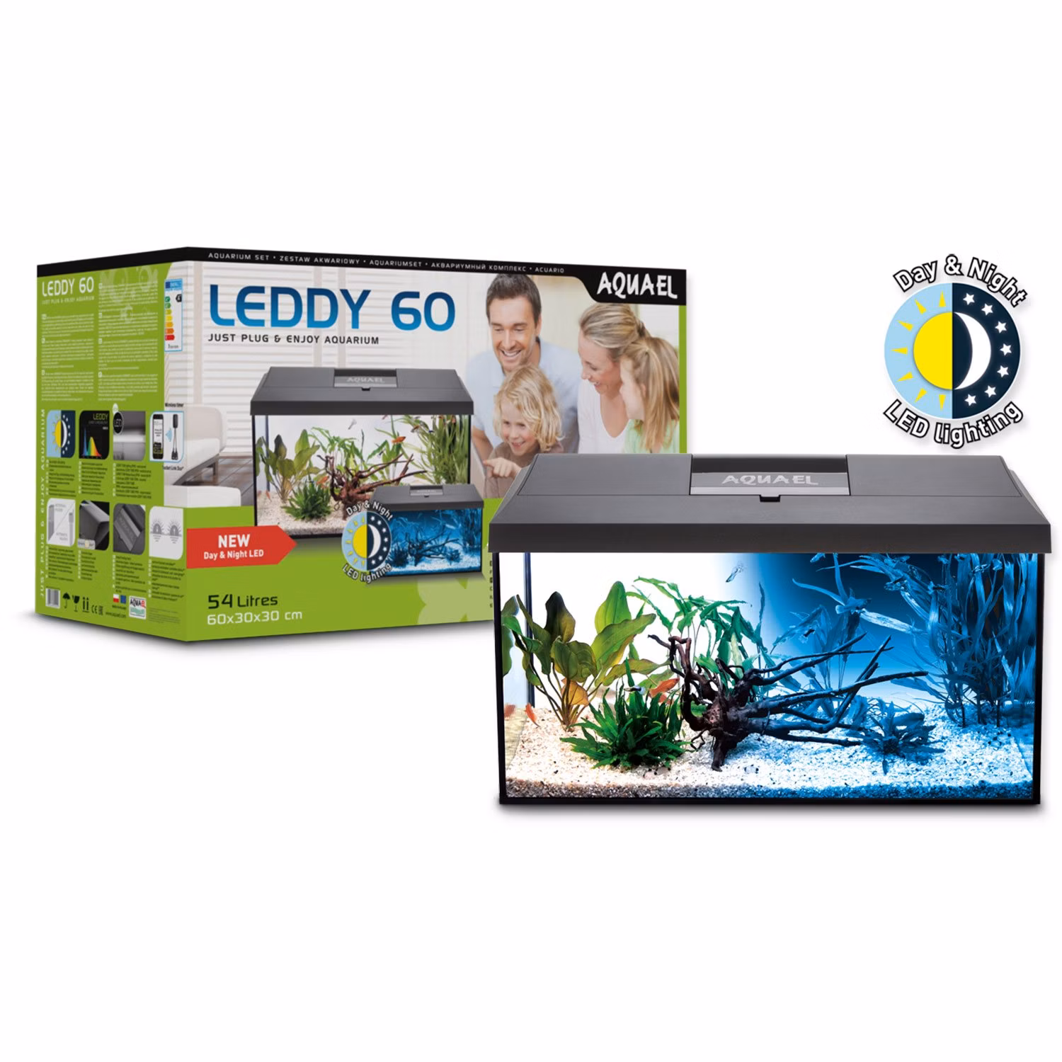 Akvarijný set Aquael LEDDY LED Day & Night čierny 60x30x30cm 54l