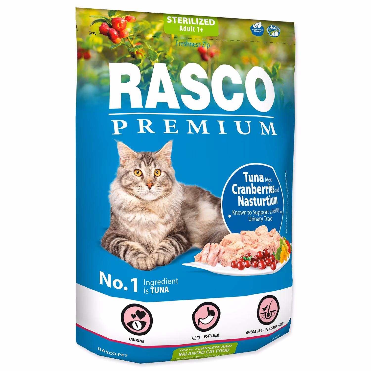 Krmivo Rasco Premium Sterilized tuniak s brusnicou a kapucínkou 0,4kg