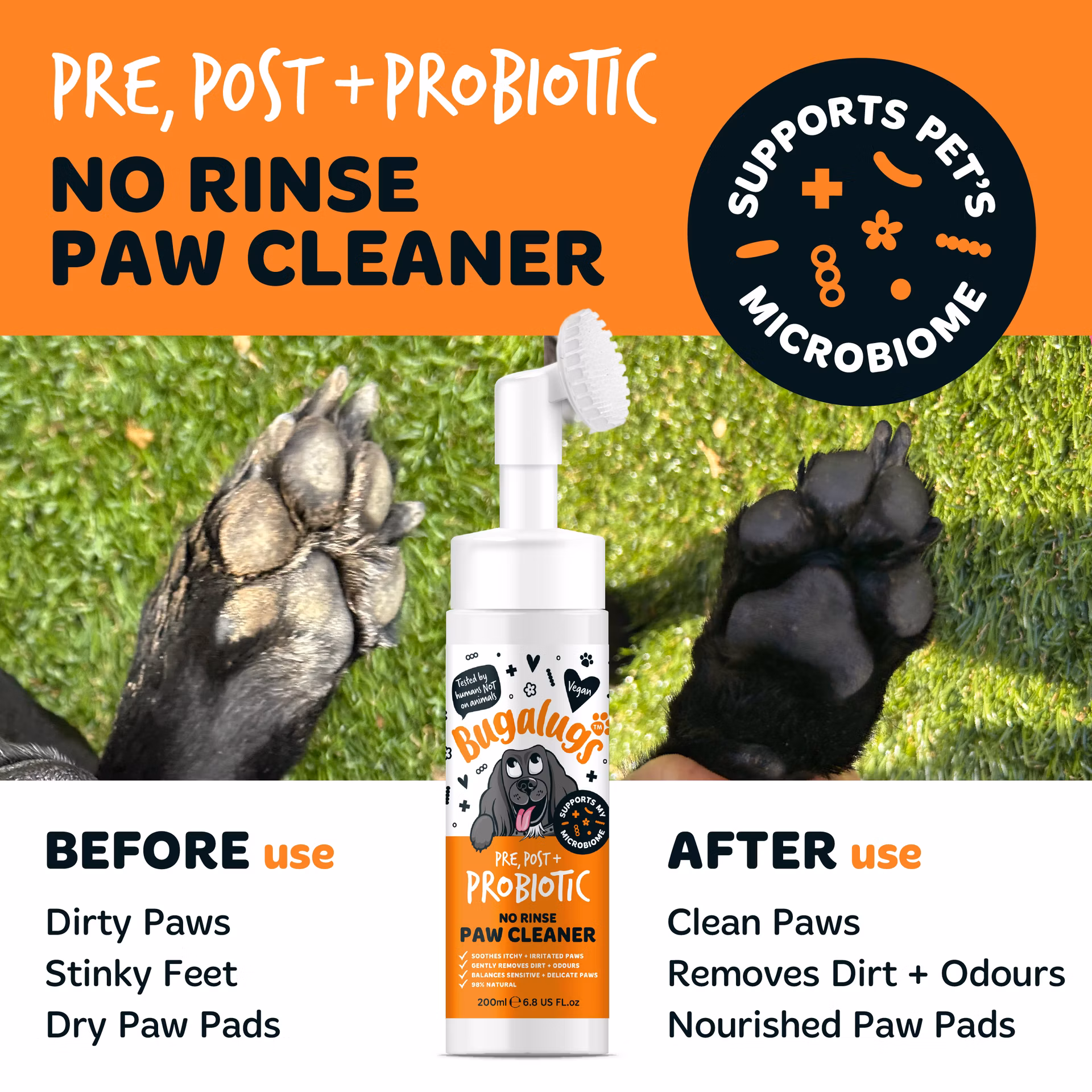 Bugalugs Pre, Post + Probiotic pena na čistenie labiek bez oplachovania pre psov 200 ml