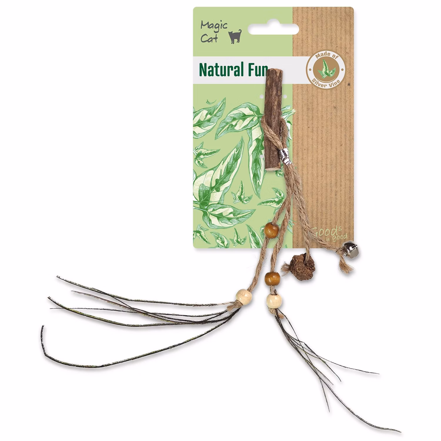 Hračka Magic Cat Natural Fun drievko s povrázkami, korálkami a rolničkou 6cm