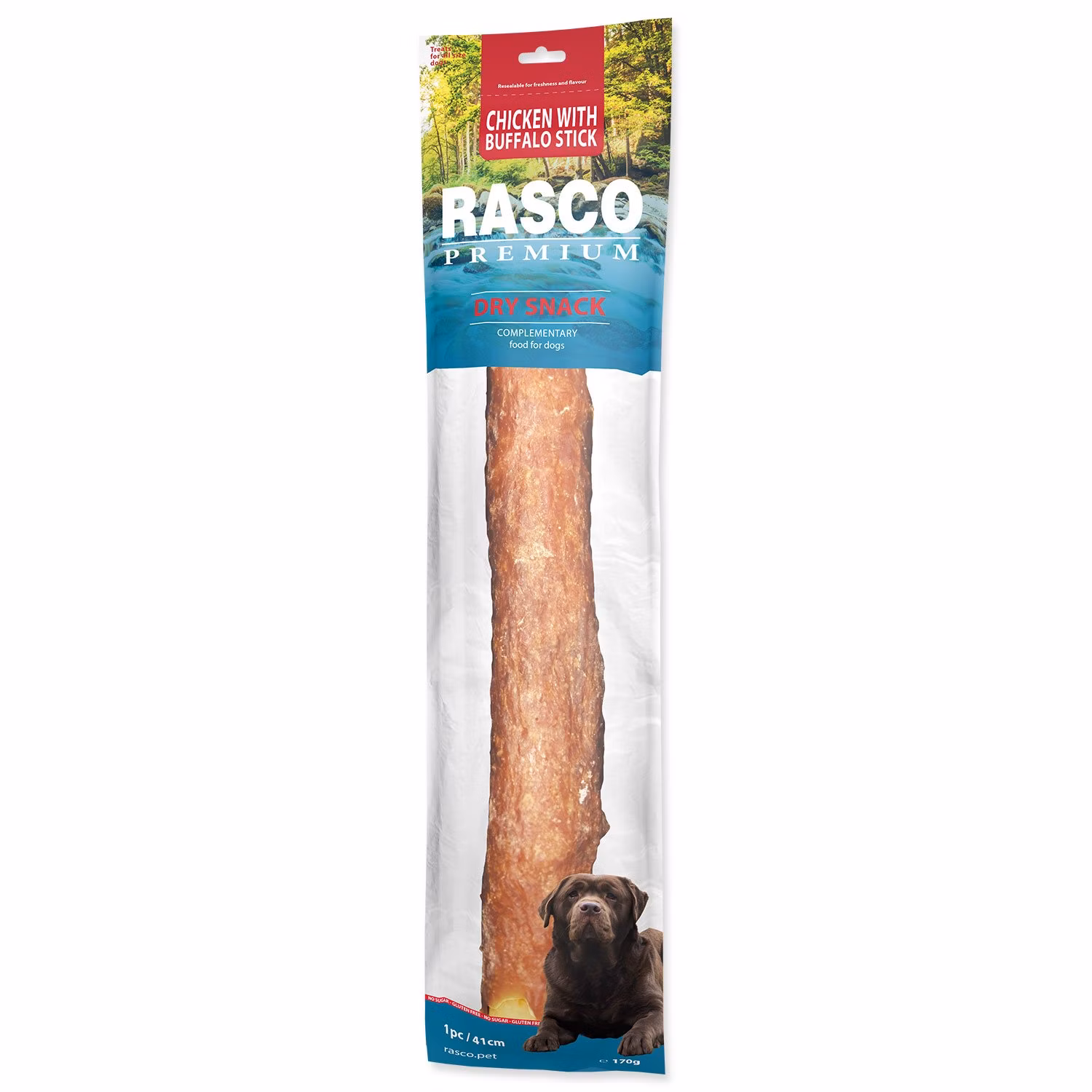Pochúťka Rasco Premium byvolia koža obalená kuracím mäsom, tyčinky 41cm 170g