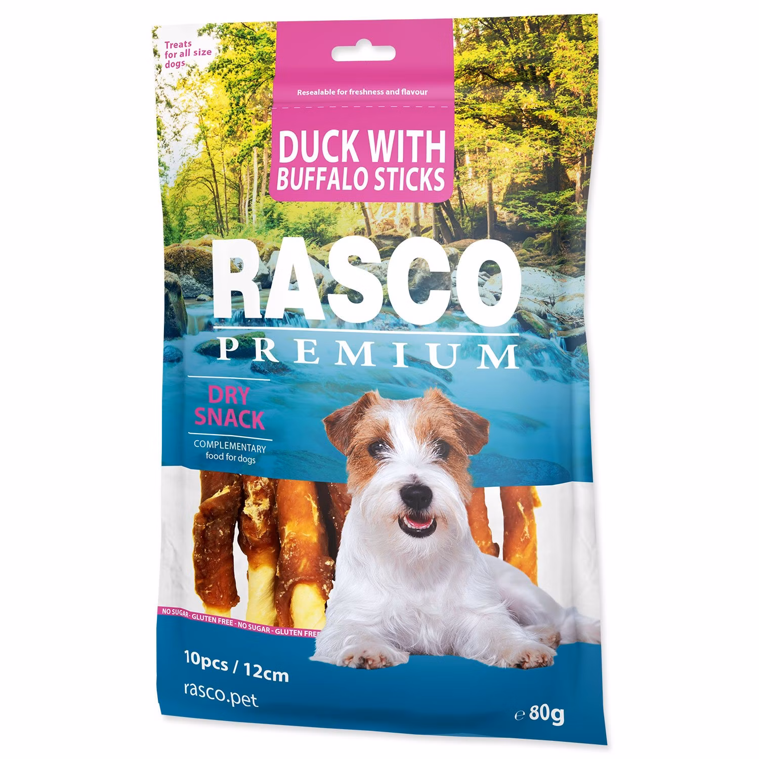 Pochúťka Rasco Premium byvolia koža obalená kačacím mäsom, tyčinky 80g