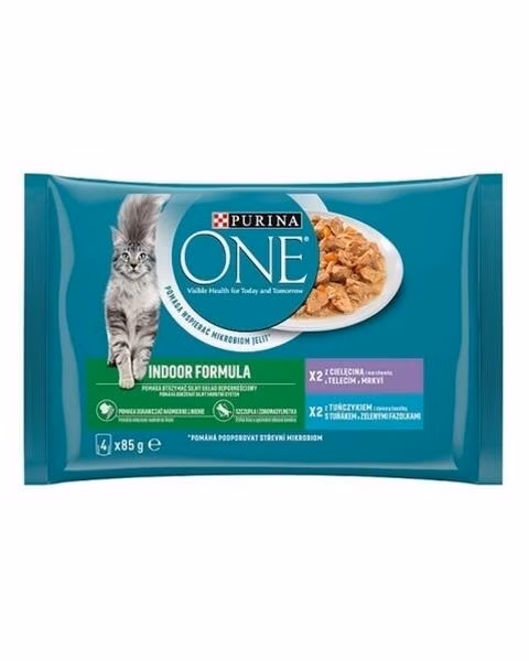 Nestle PURINA ONE cat Multipack Indoor mini filetky s tuniakom a zelenými fazuľkami / s teľacím a mrkvou v šťave NEW 4x85g