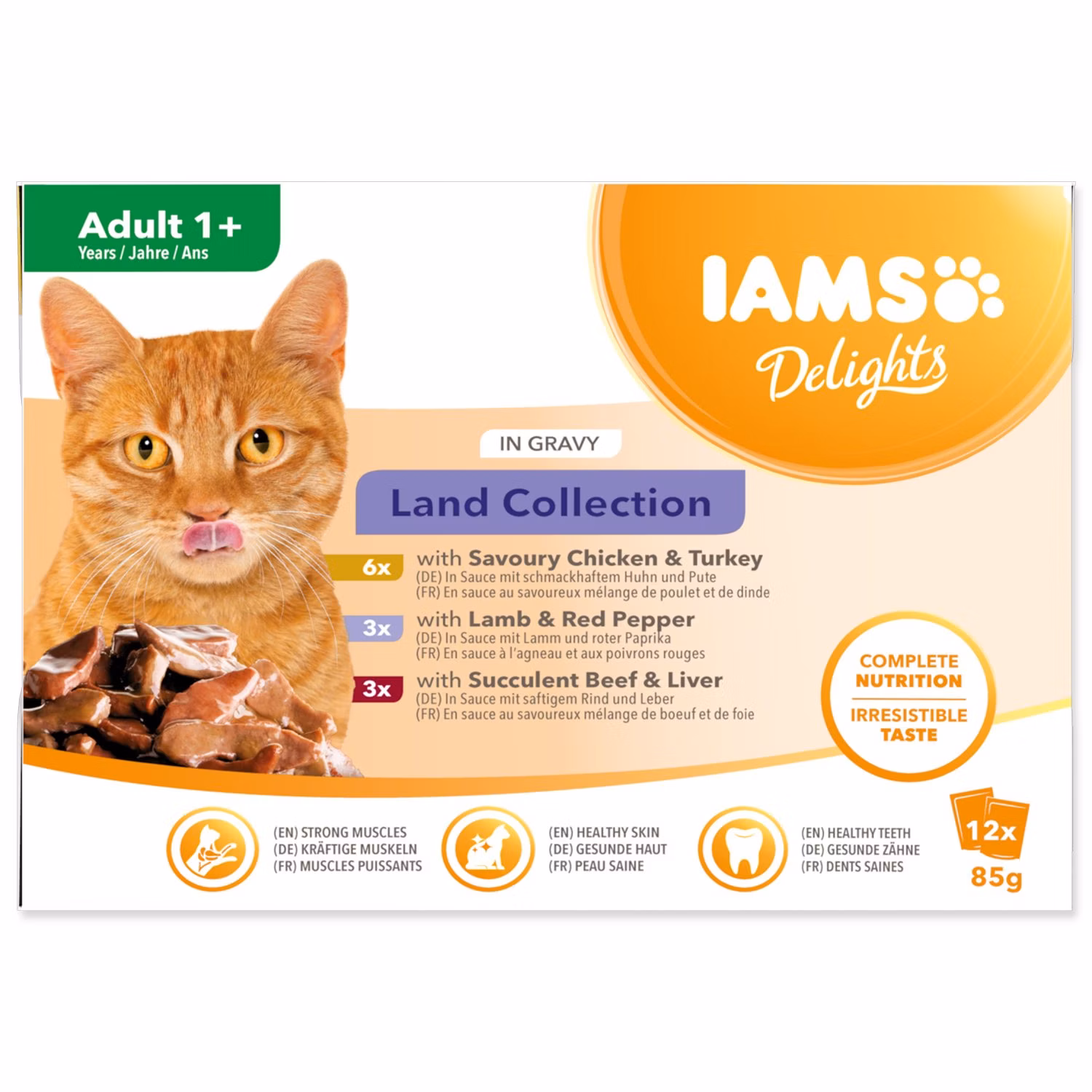 Kapsička IAMS Delights Adult suchozemské mäso v omáčke multipack 1020g (12x85gr)