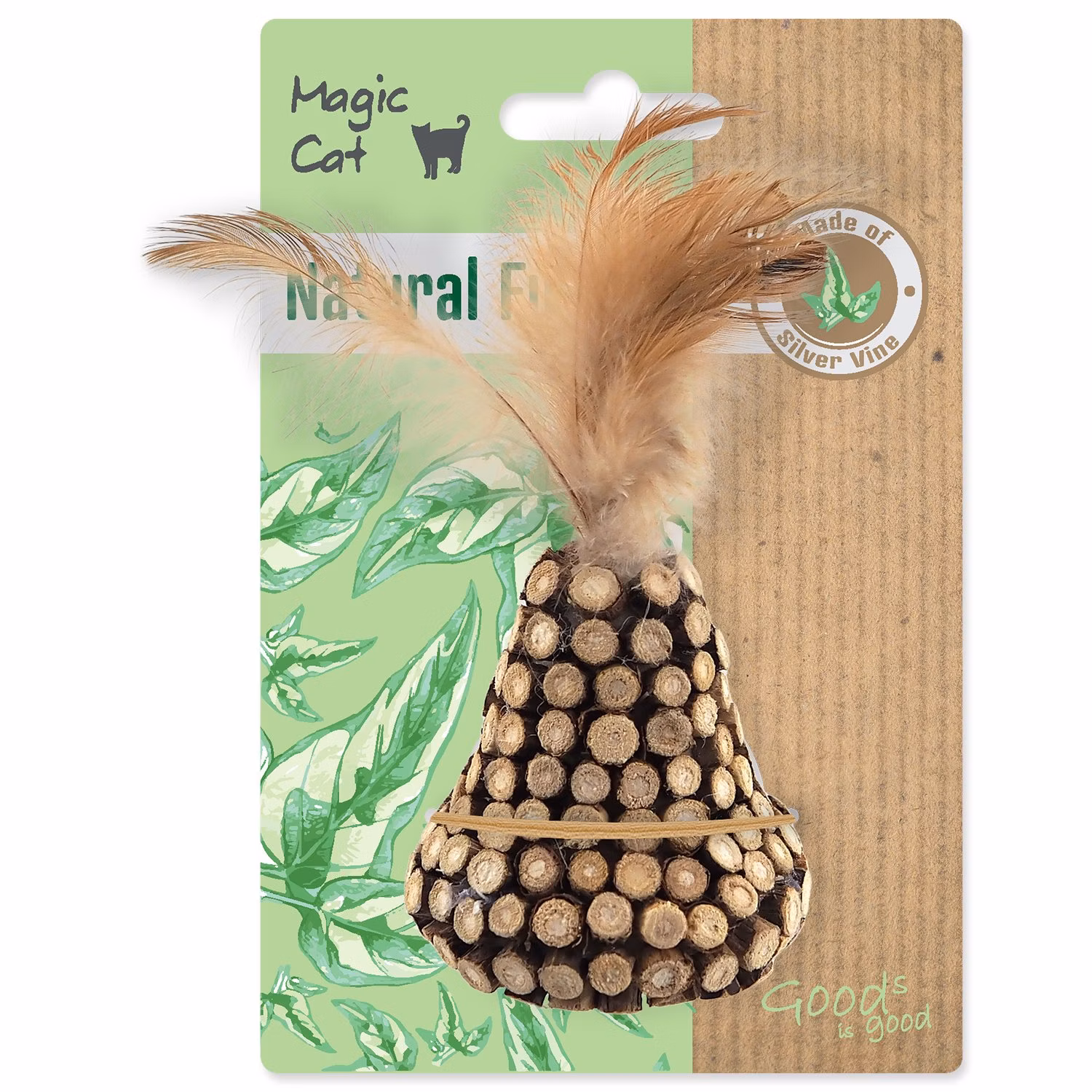 Hračka Magic Cat Natural Fun kužel s prírodnými pierkami a oblepené drevom 13cm