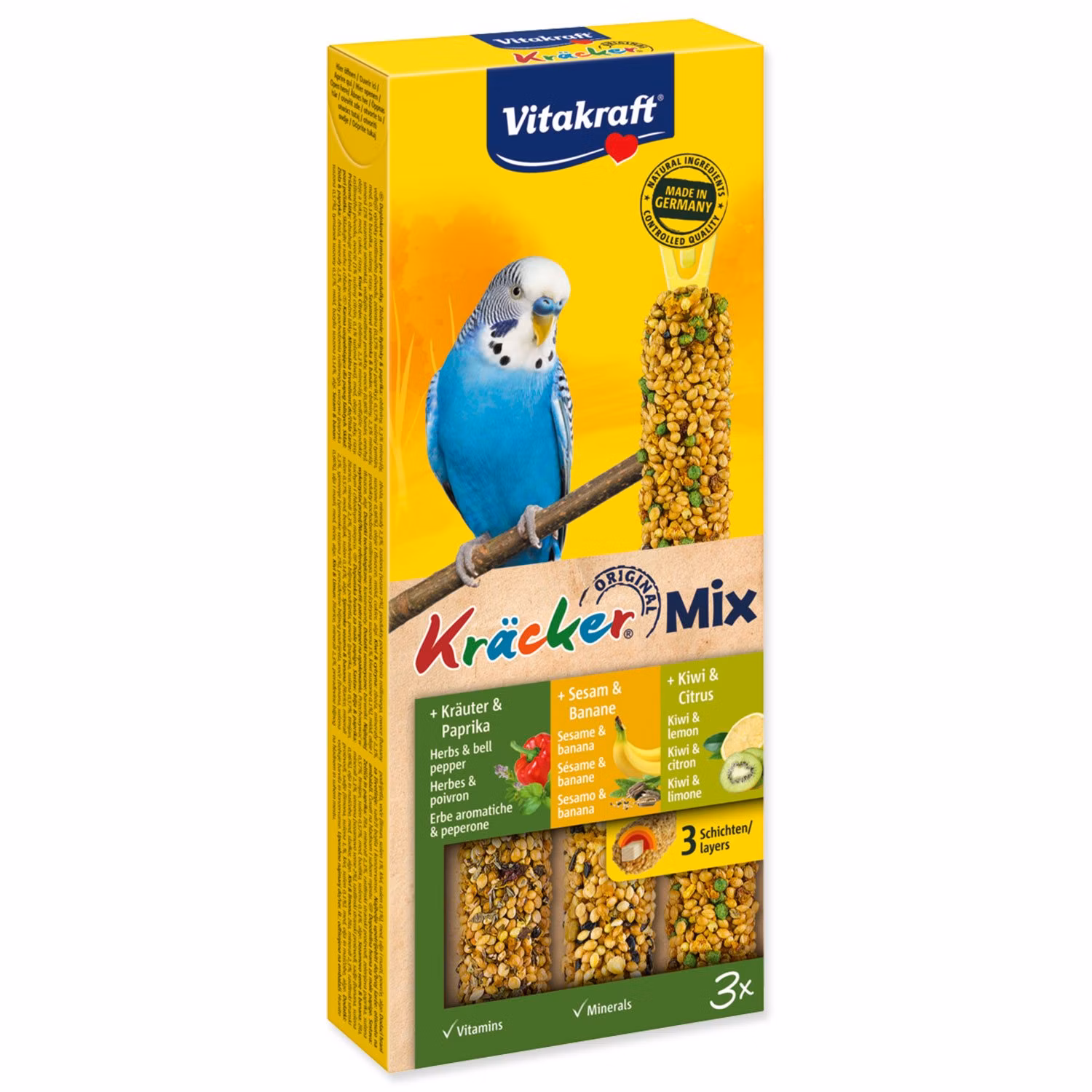 Tyčinky Vitakraft Kracker Trio Mix s banánmi, bylinkami a kiwi 3ks