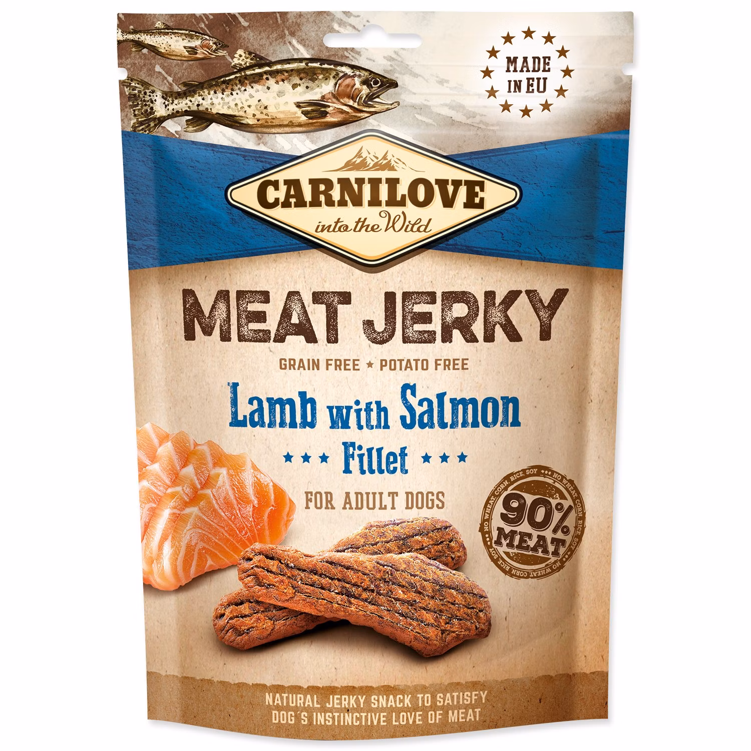 Pochúťka Carnilove Jerky jahňa a losos, plátky 100g