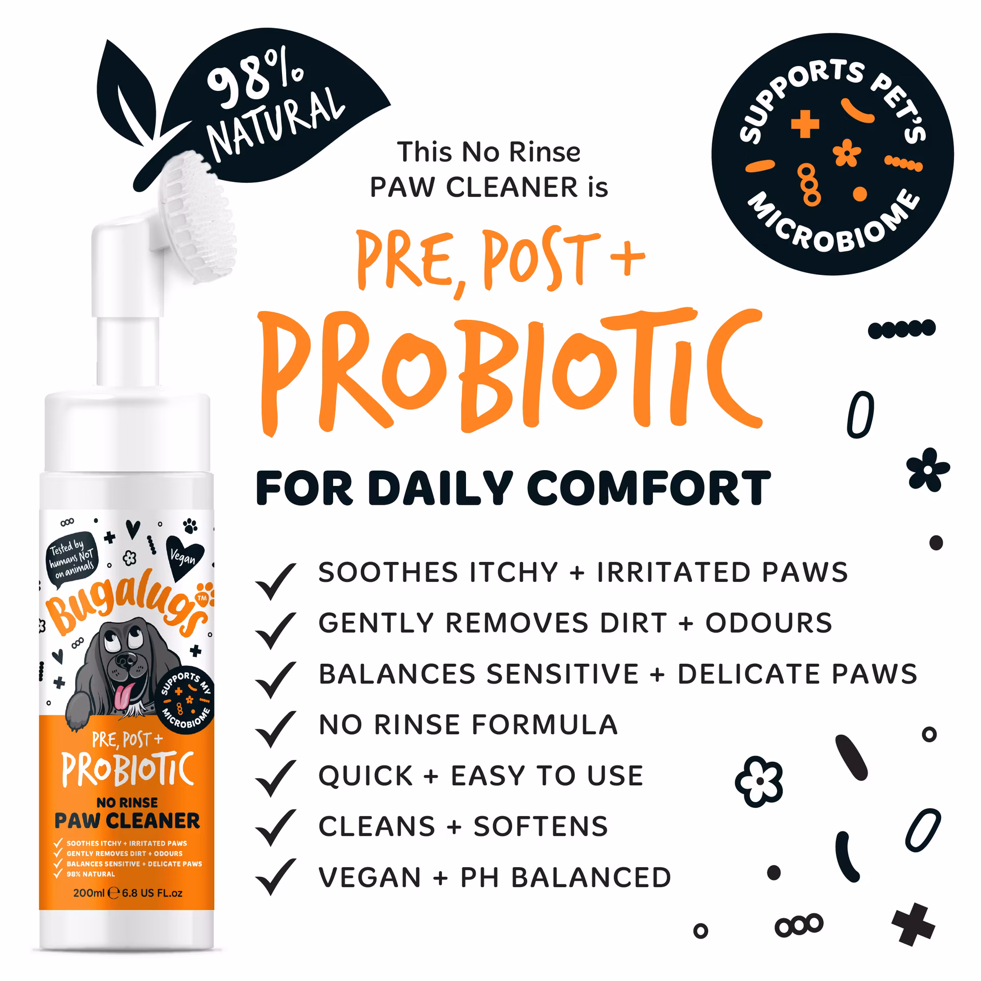 Bugalugs Pre, Post + Probiotic pena na čistenie labiek bez oplachovania pre psov 200 ml