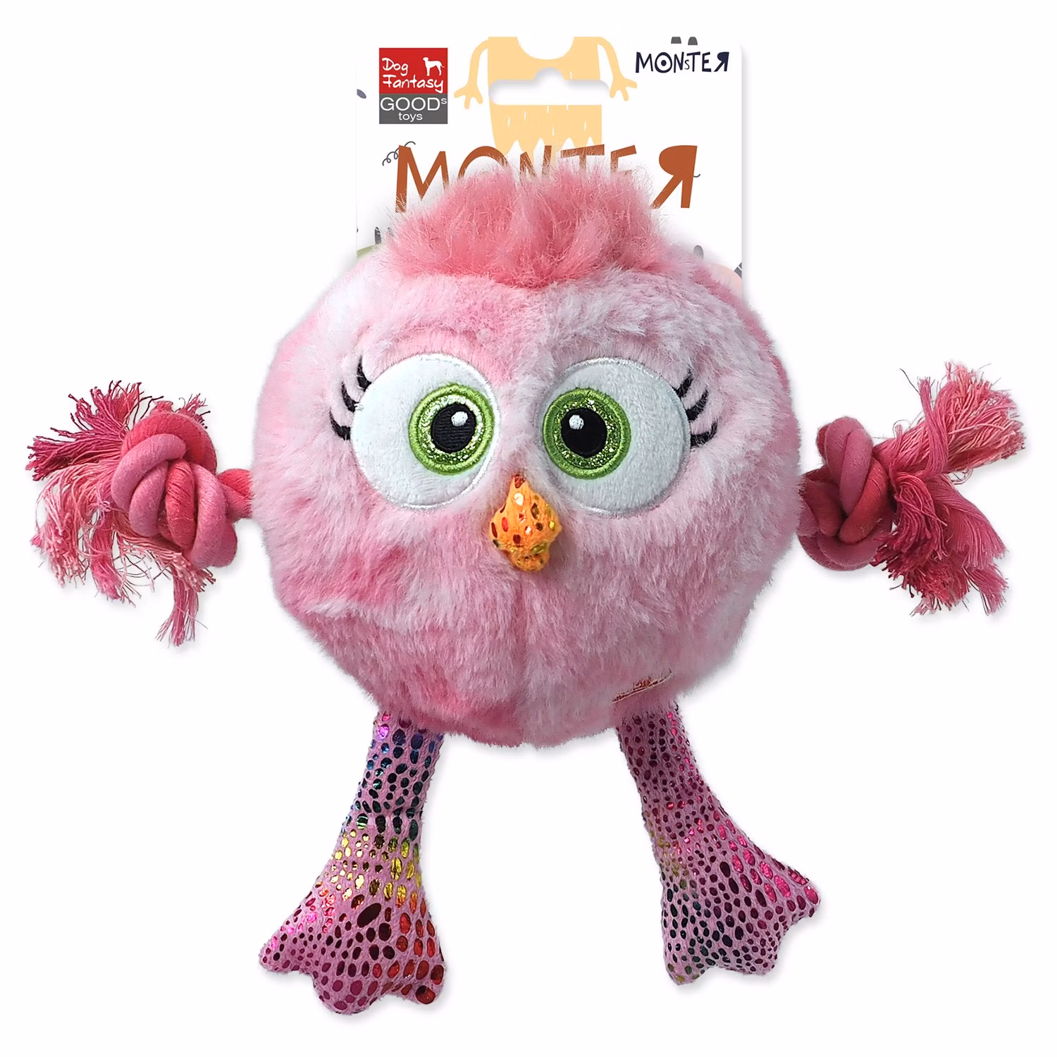 Hračka Dog Fantasy Monsters kura pískacie s povrazmi a uzlami ružové 15cm