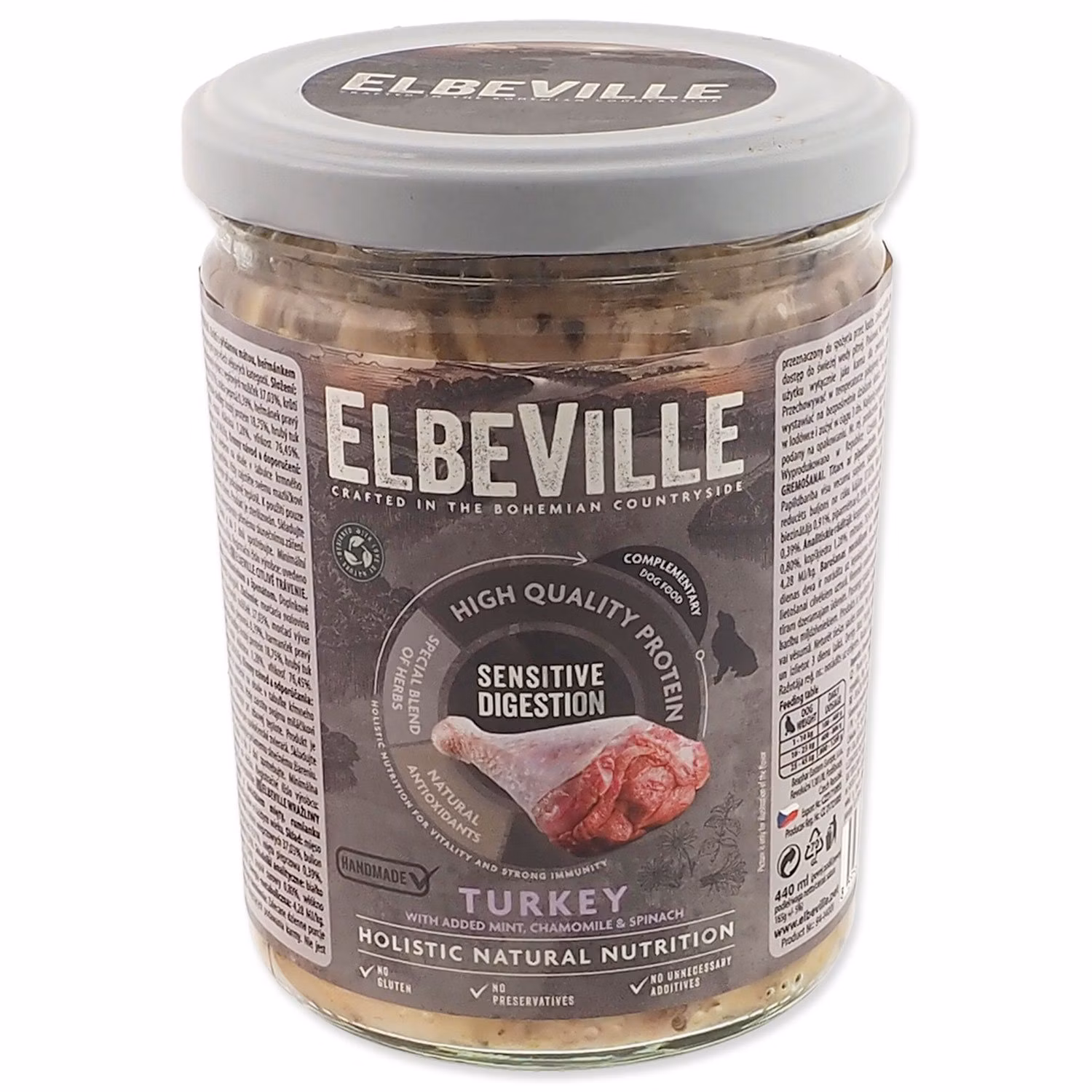 Pohár Elbeville Dog Sensitive Digestion, morčacie s pridanou mätou, harmančekom a špenátom 440ml