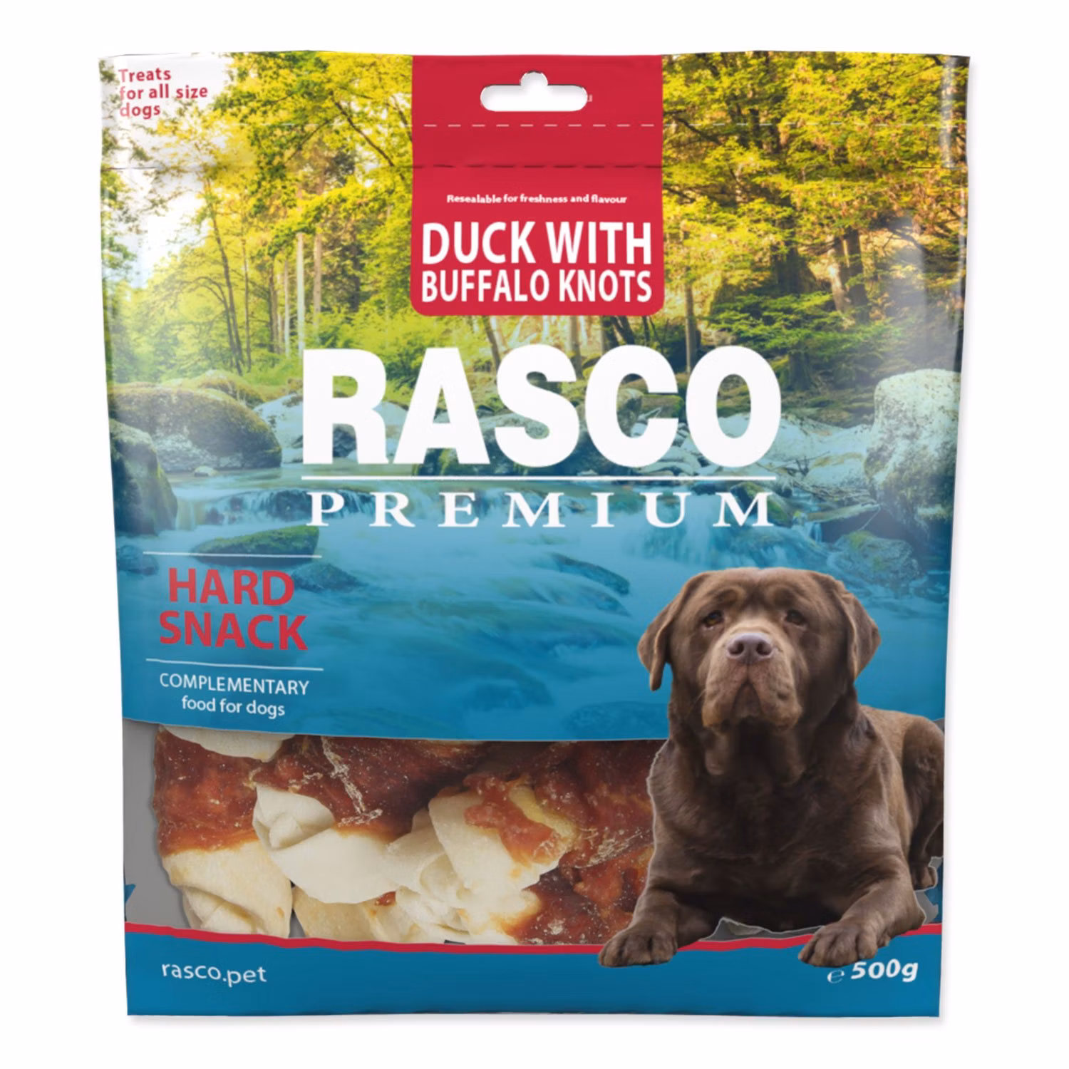 Pochúťka Rasco Premium byvolia koža s kačacím mäsom, uzly 5cm 500g