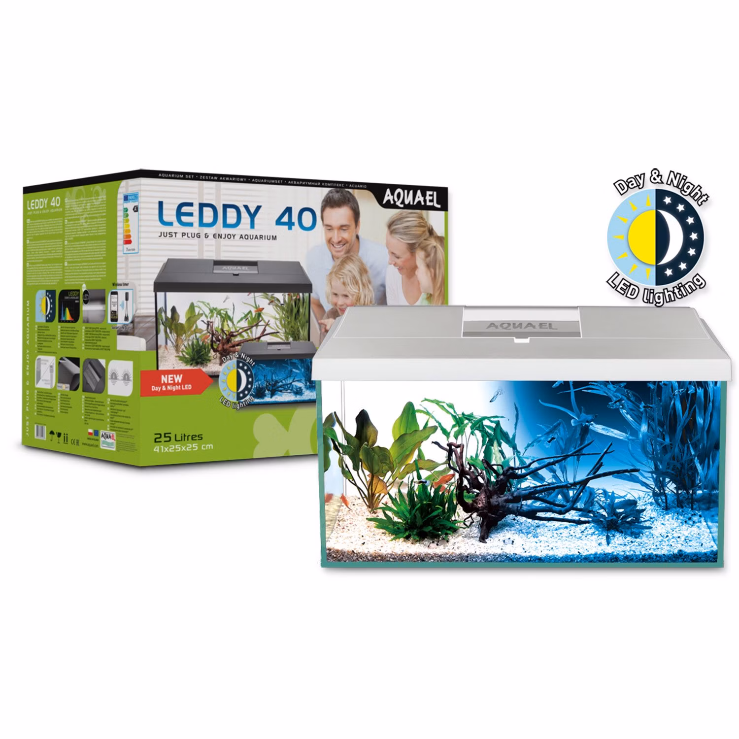 Akvarijný set Aquael LEDDY LED Day & Night biely 41x25x25cm 25l