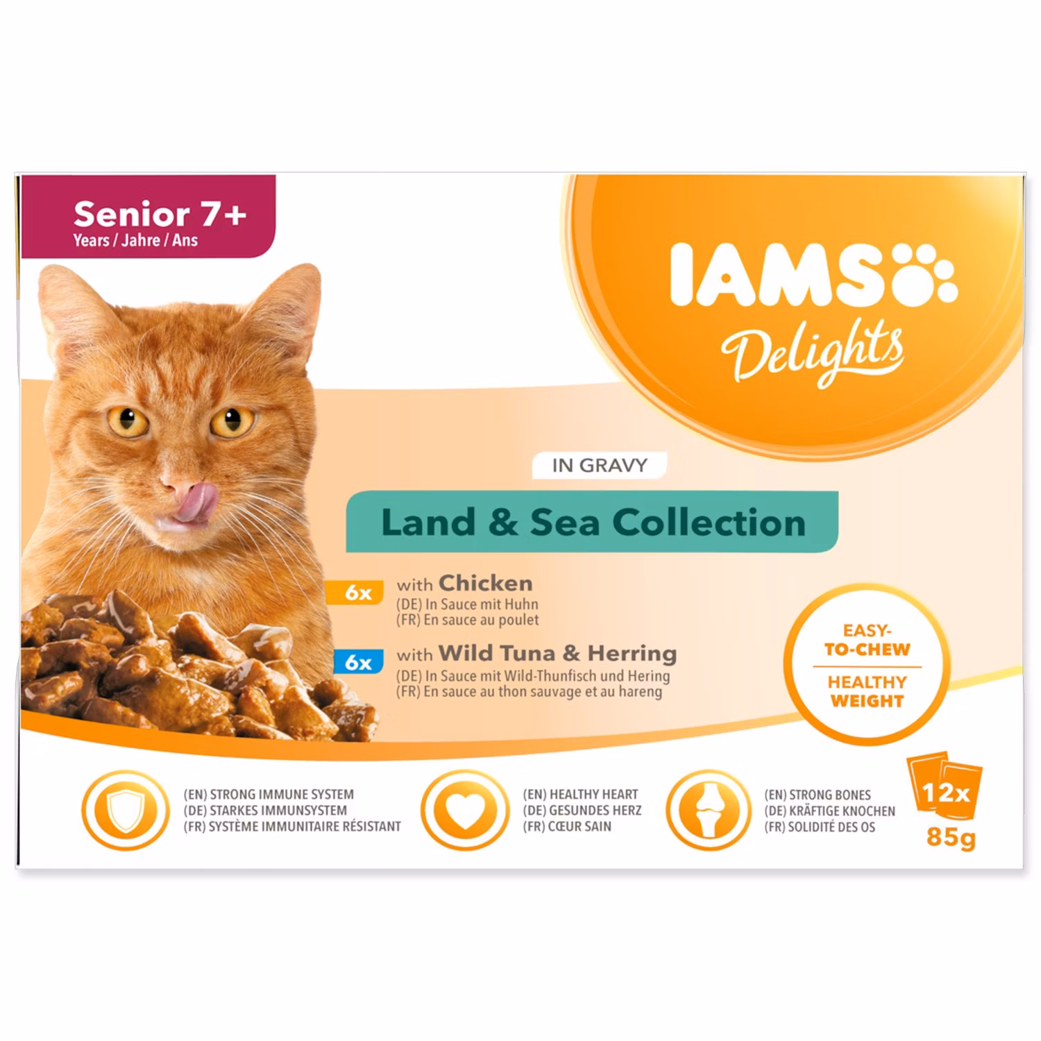 Kapsička IAMS Delights Senior morské a suchozemské mäso v omáčke 1020g (12x85g)