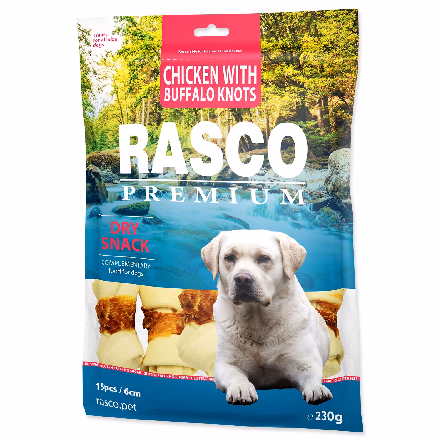 Pochúťka Rasco Premium byvolia koža obalená kuracím mäsom, uzly 6cm 230g