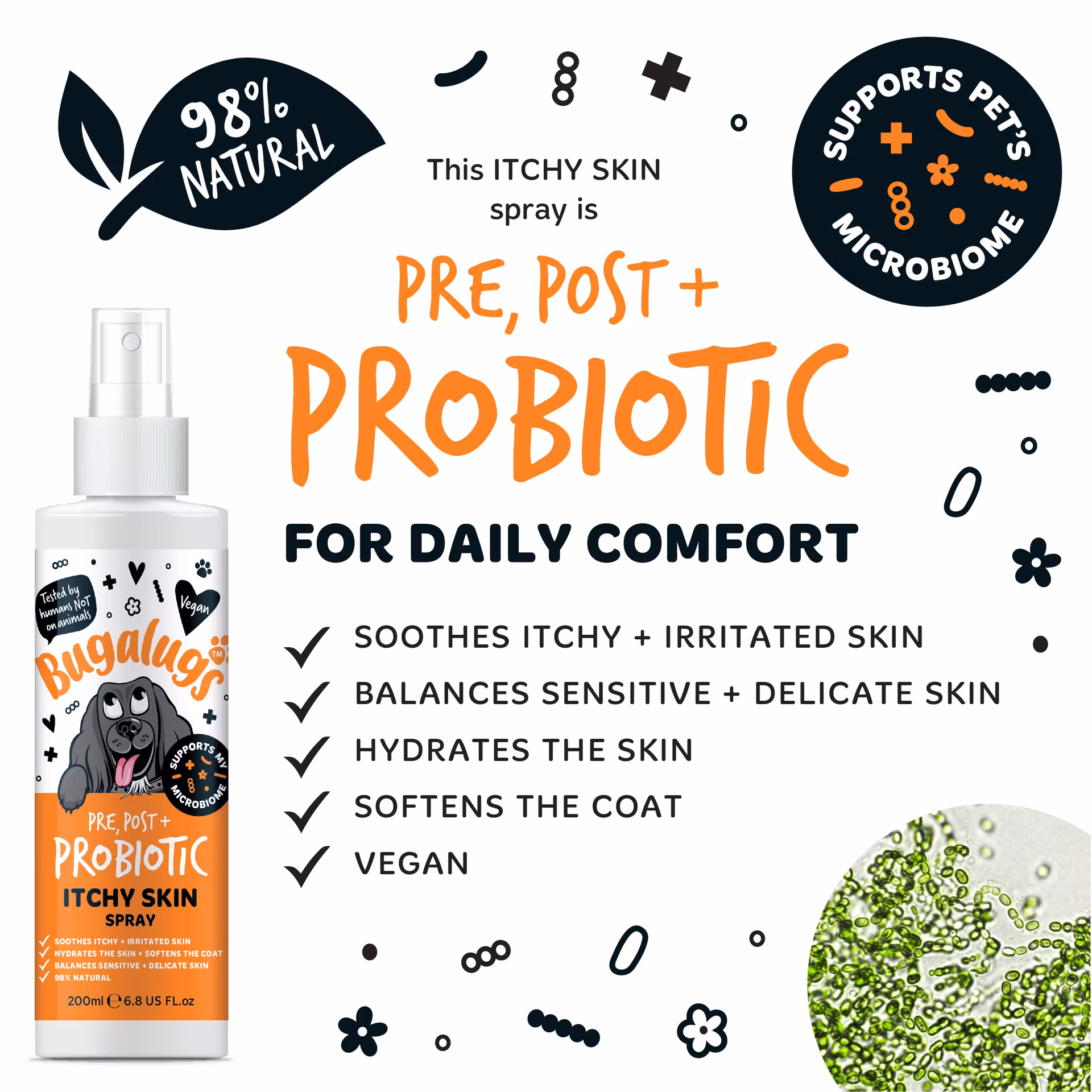 Bugalugs Pre, Post + Probiotic upokojujúci sprej na svrbiacu pokožku pre psov