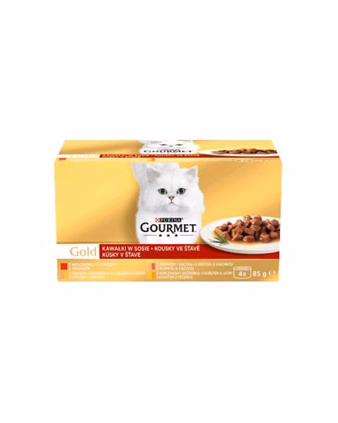 Nestlé GOURMET GOLD Multipack hovädzie/morka, kačicou/losos, kuraťom/kura s pečeňou v šťave konz.4x85 g