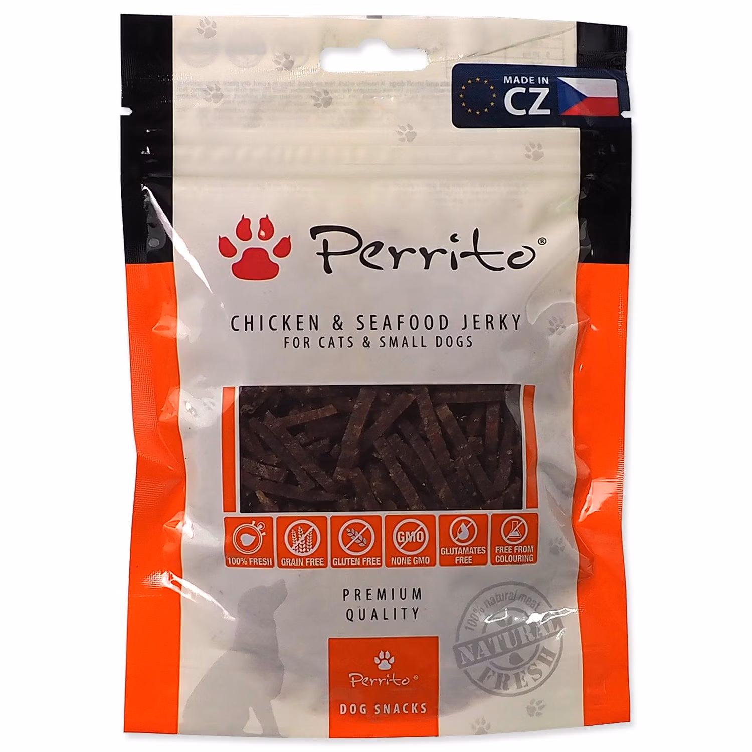 Pochúťka Perrito kura a morské plody, jerky 100g