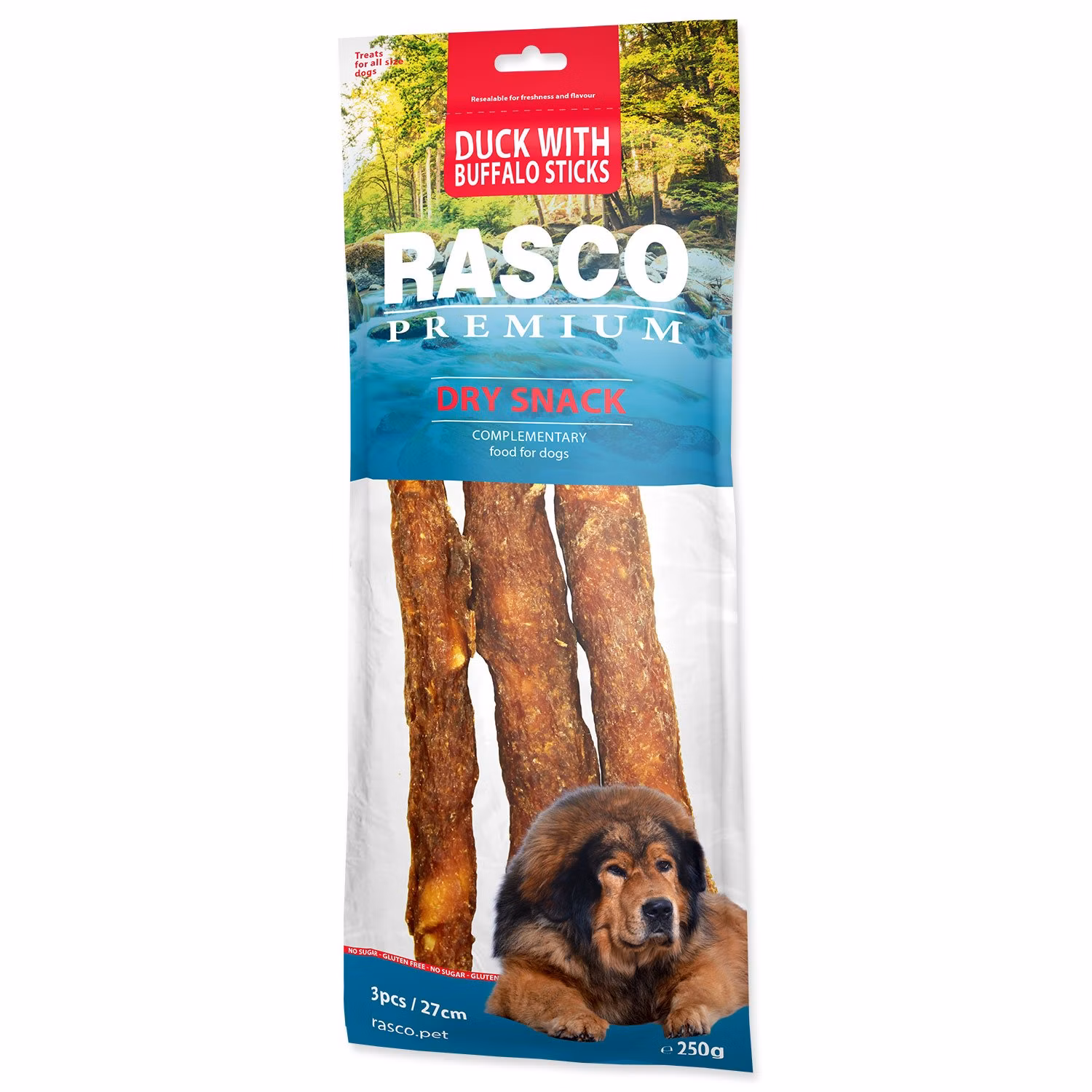 Pochúťka Rasco Premium byvolia koža obalená kačacím mäsom, tyčinky 3x250g