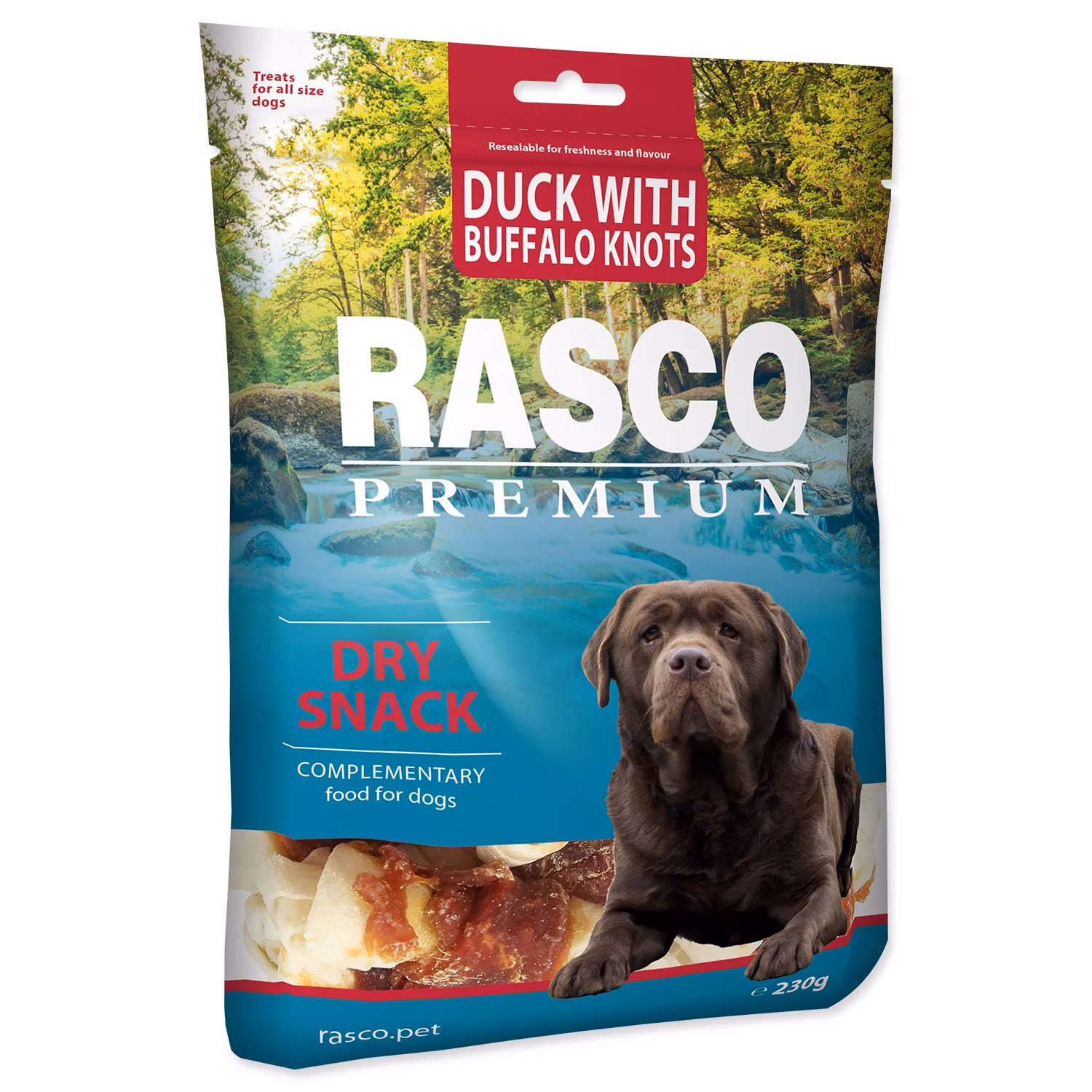 Pochúťka Rasco Premium byvolia koža s kačacím mäsom, uzly 5cm 230g