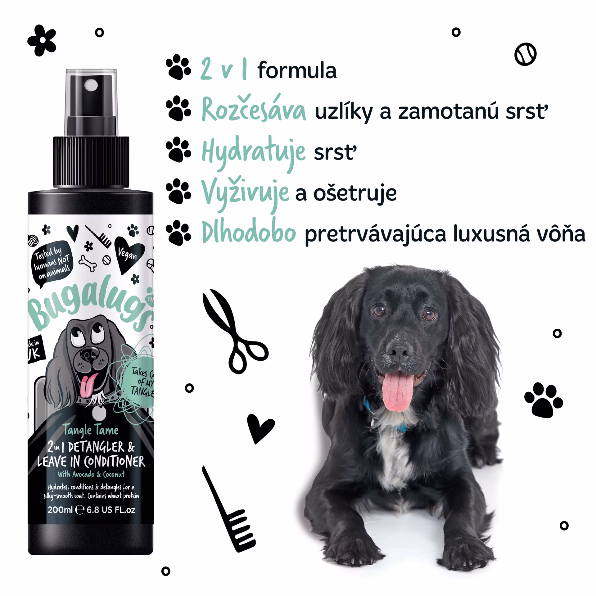 Bugalugs sprej na rozčesávanie srsti a bezoplachový kondicionér 2v1 pre psov – Avokádo a Kokos 200 ml