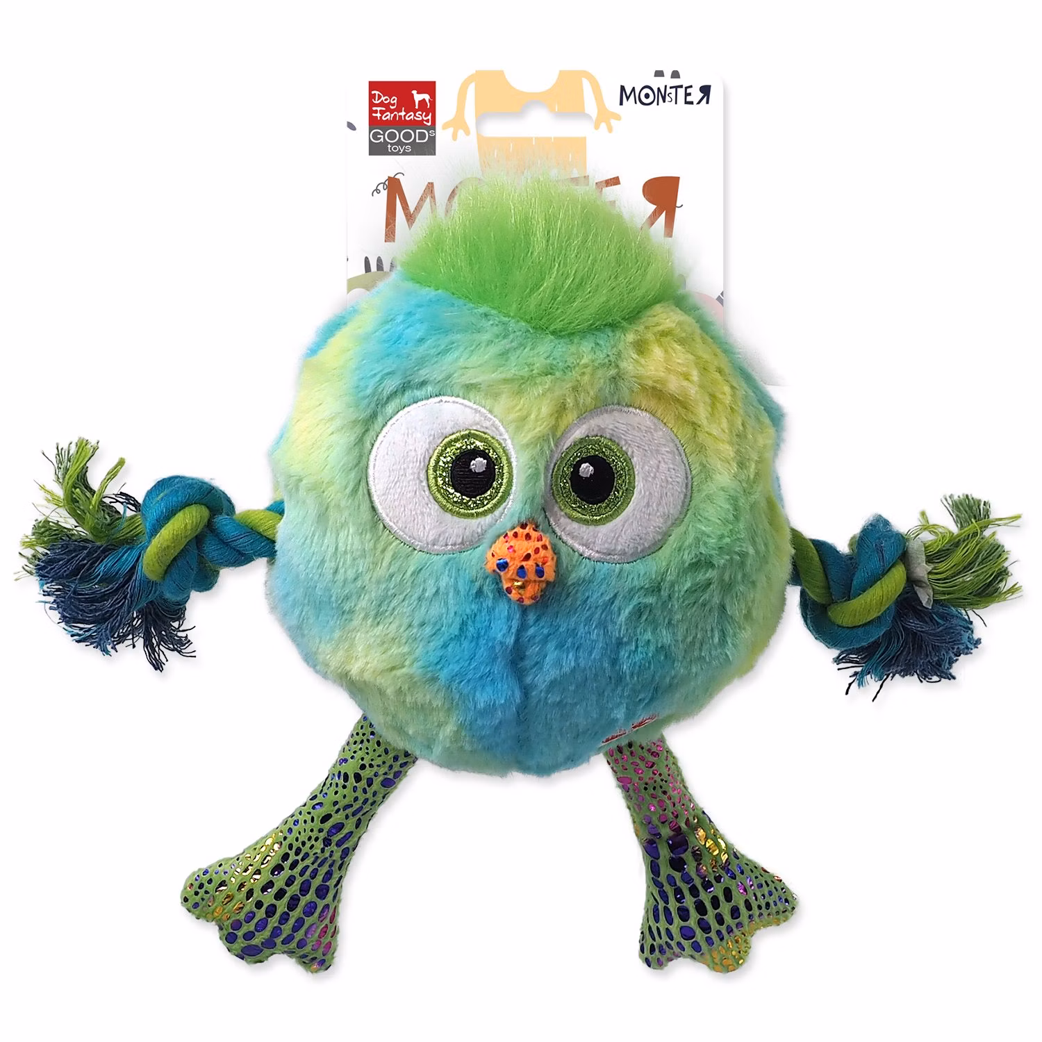 Hračka Dog Fantasy Monsters kura pískacie s povrazmi a uzlami modré 15cm