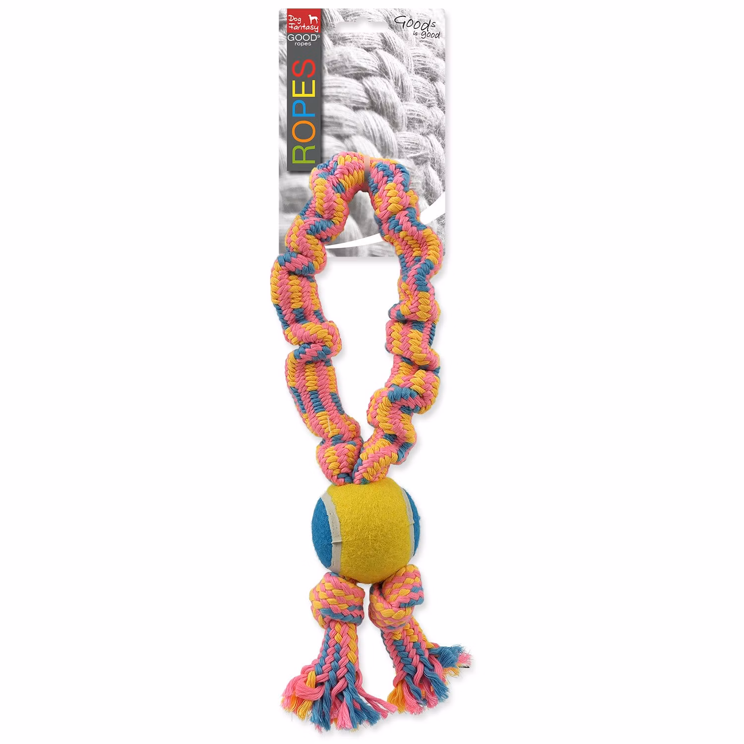 Hračka Dog Fantasy preťahovadlo s tenisákom farebný vzor 2, 2 knôty 32cm