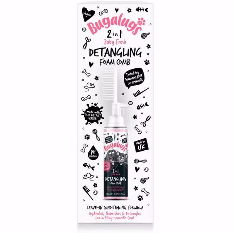 Bugalugs penový rozčesávač a kondicionér na srsť s hrebeňom pre psov 2v1 – Baby Fresh 150 ml