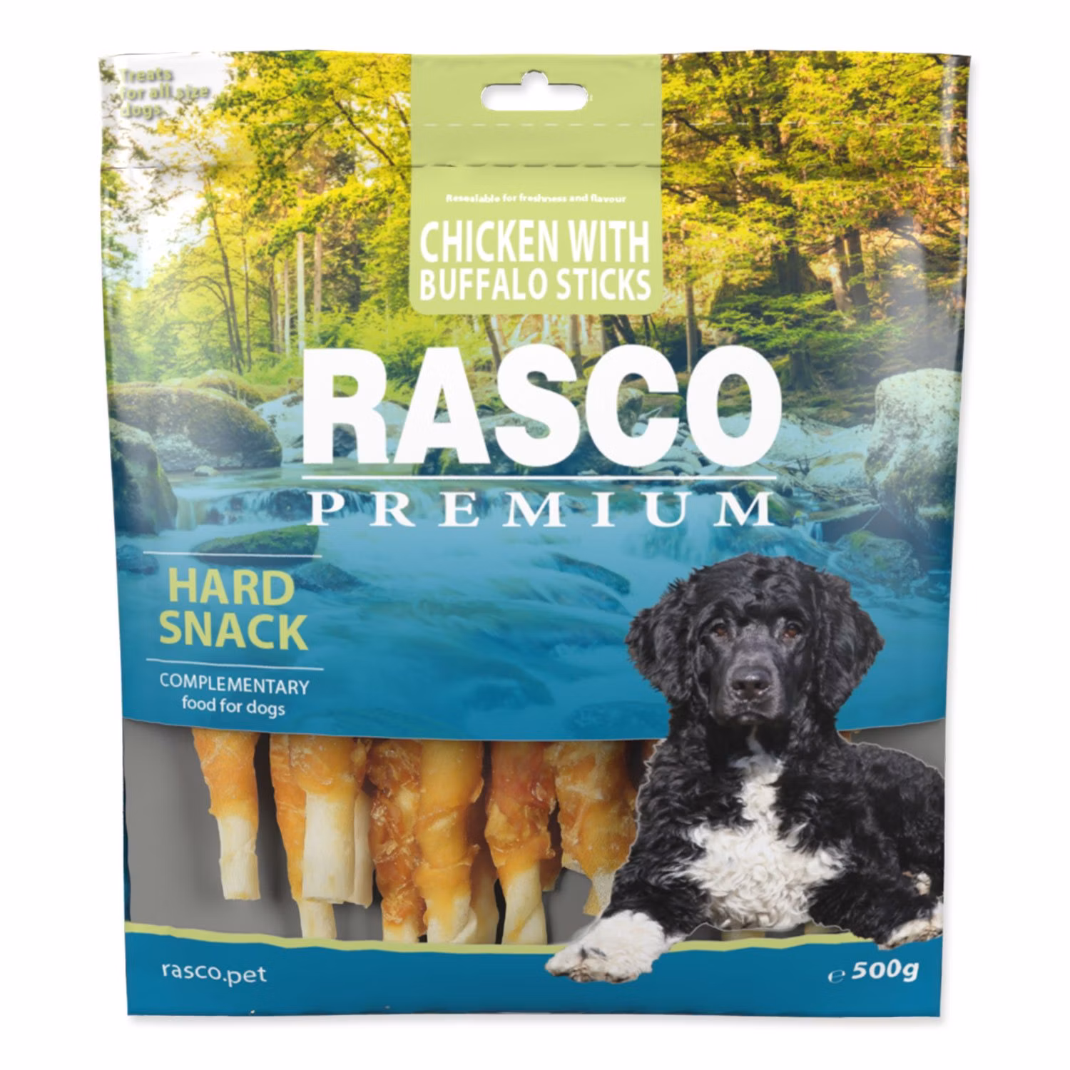 Pochúťka Rasco Premium byvolia koža obalená kuracím mäsom, tyčinky 500g