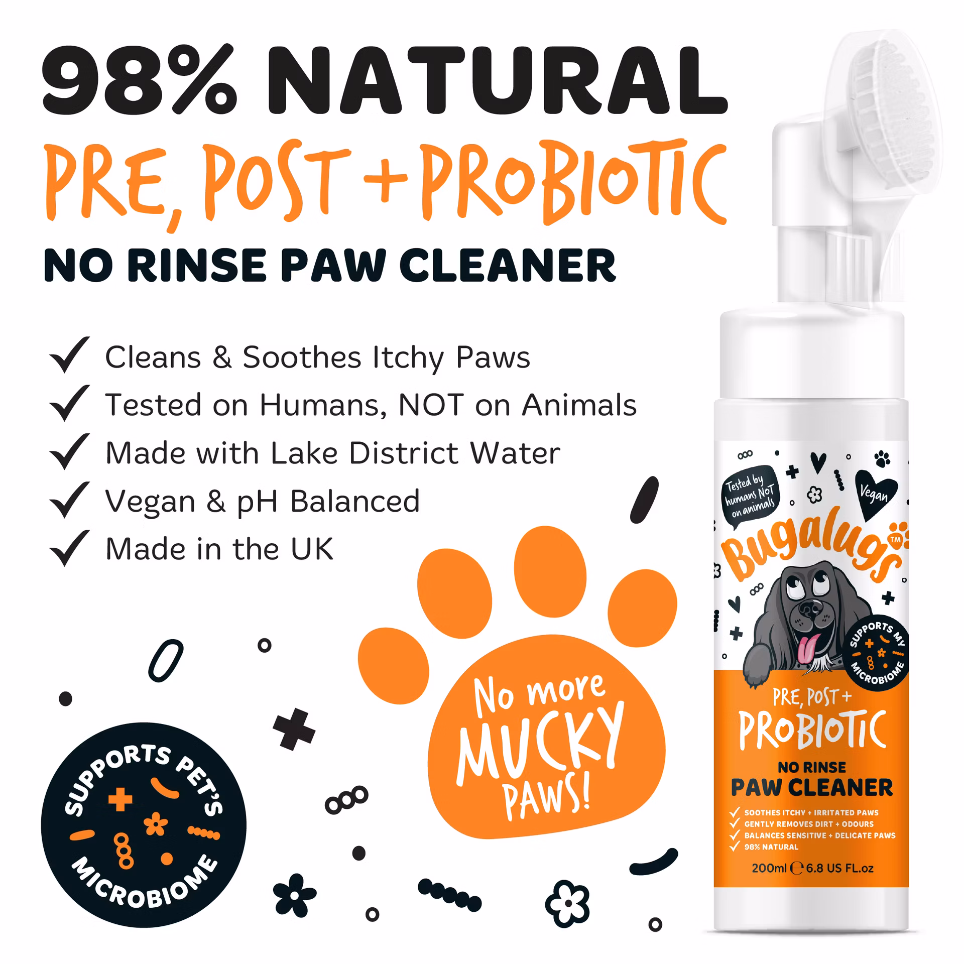 Bugalugs Pre, Post + Probiotic pena na čistenie labiek bez oplachovania pre psov 200 ml