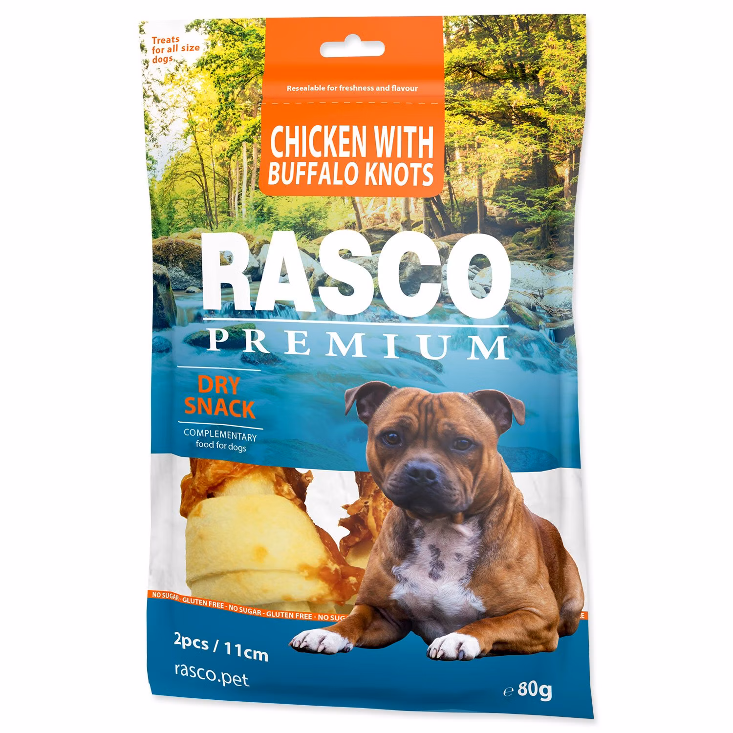 Pochúťka Rasco Premium byvolia koža obalená kuracím mäsom, uzly 11cm 80g