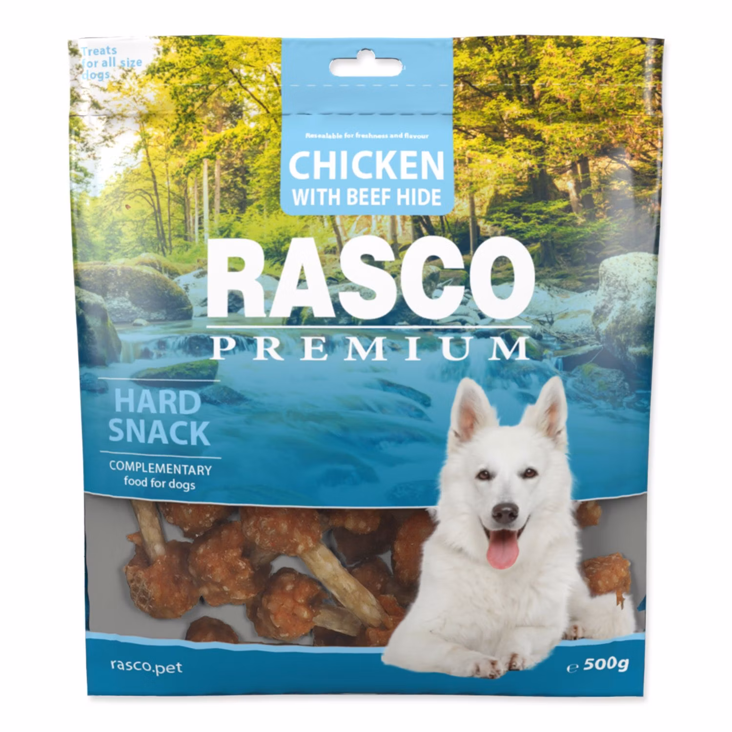 Pochúťka Rasco Premium byvolia koža obalená kuracím mäsom, paličky 500g