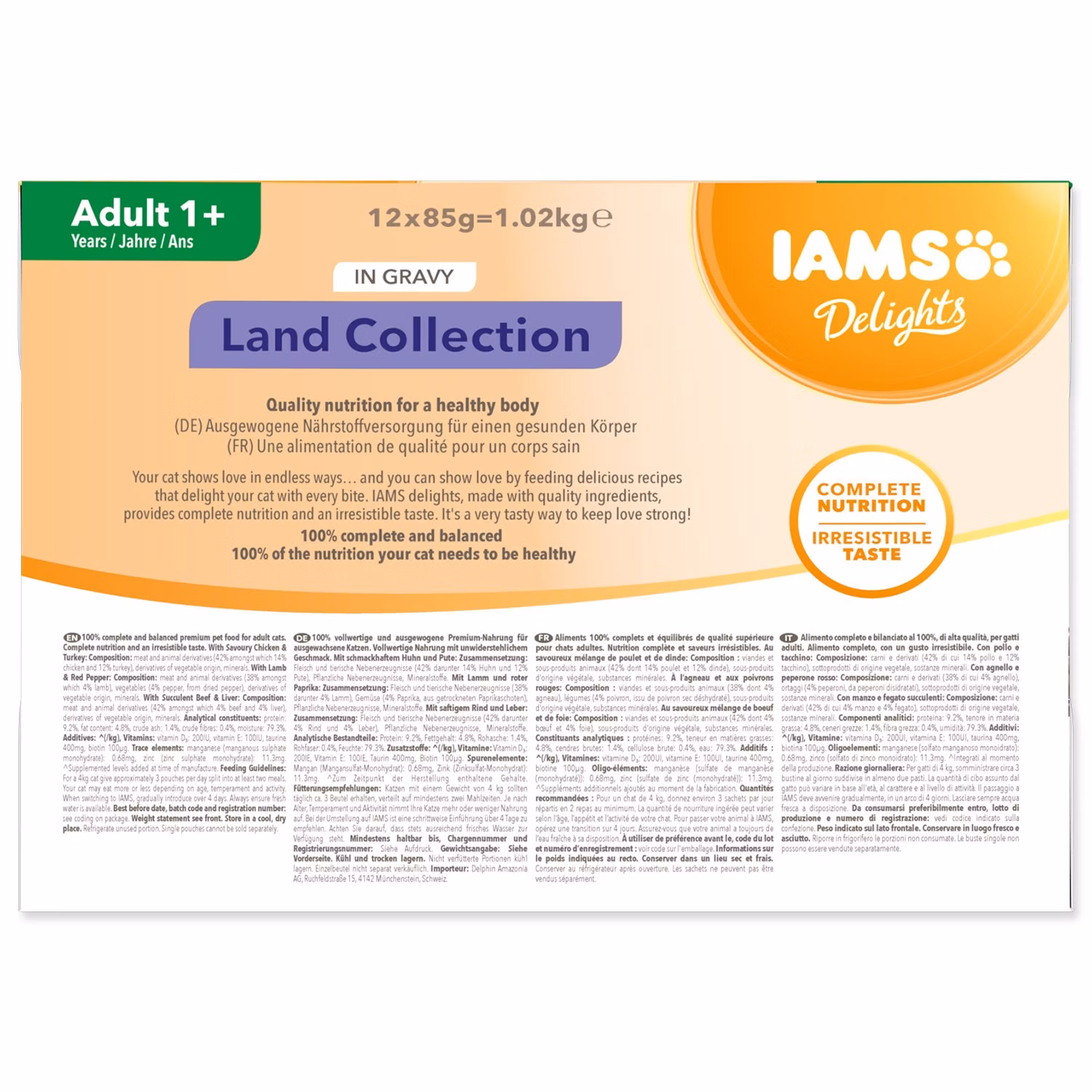 Kapsička IAMS Delights Adult suchozemské mäso v omáčke multipack 1020g (12x85gr)
