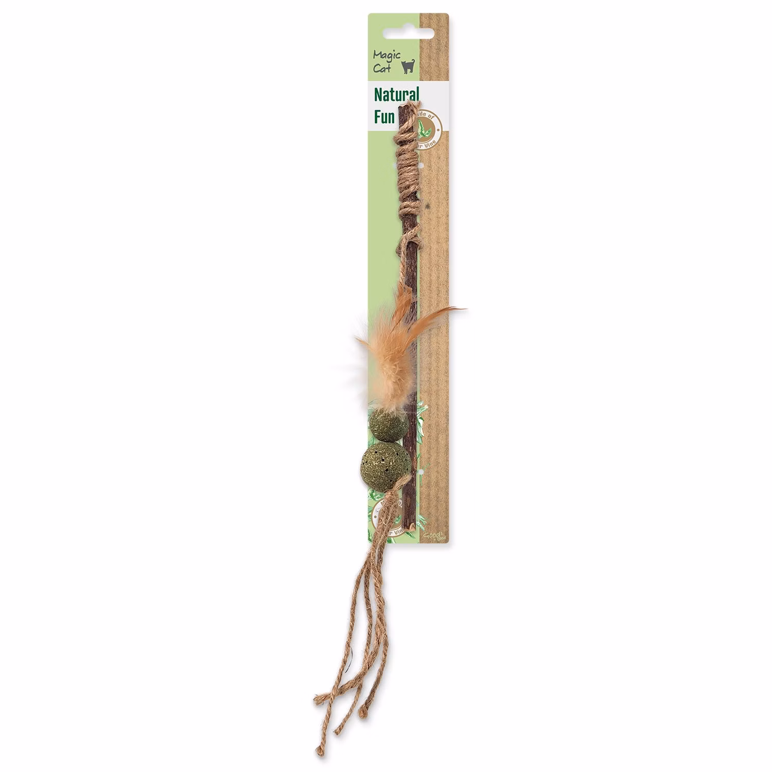 Hračka Magic Cat Natural Fun palička s prírodnými pierkami a povrázkami mix 25cm