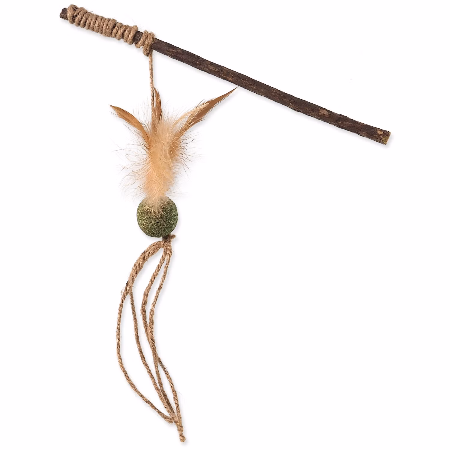 Hračka Magic Cat Natural Fun palička s prírodnými pierkami a povrázkami mix 25cm