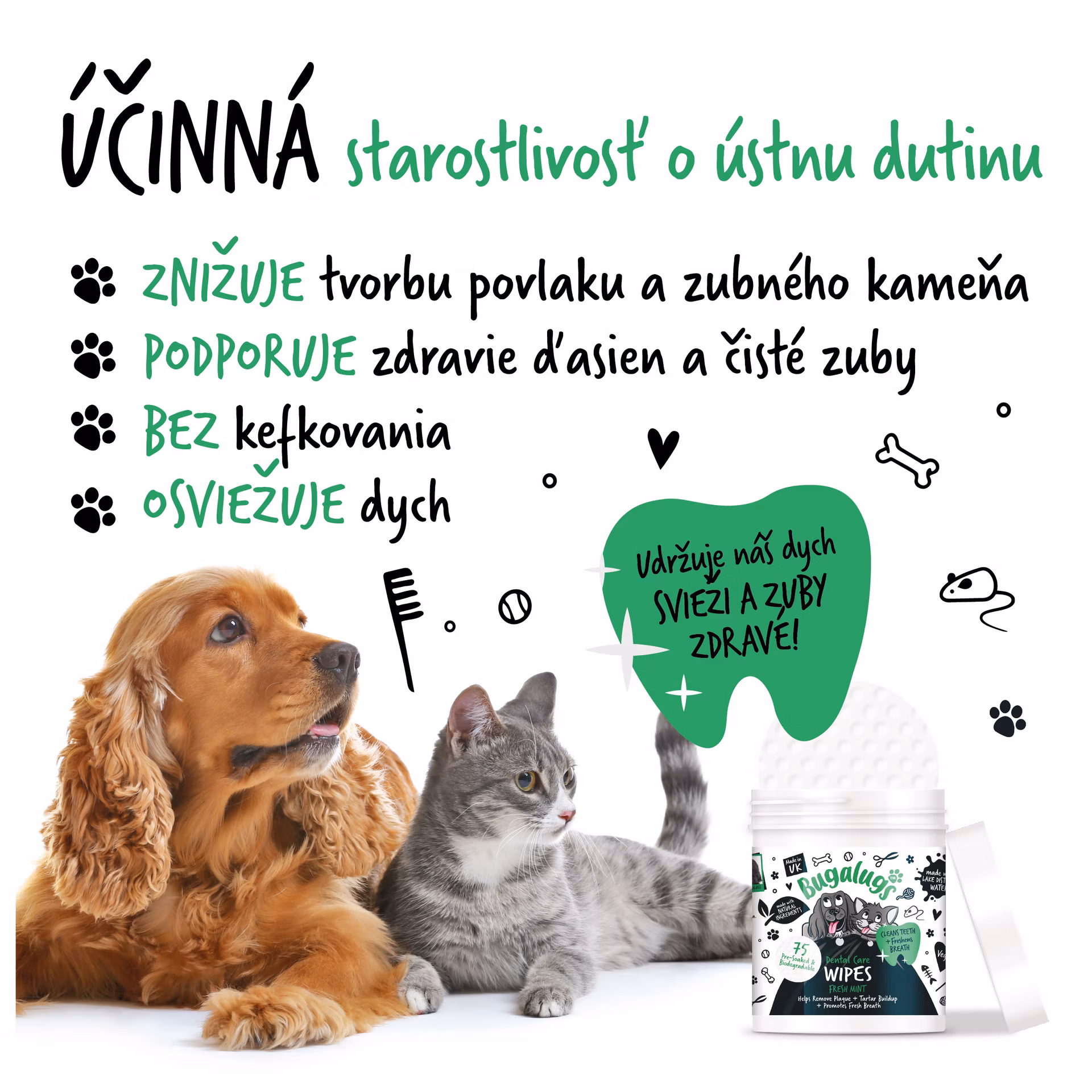 Bugalugs 100% biologicky rozložiteľné utierky na čistenie zubov pre psov 75 ks