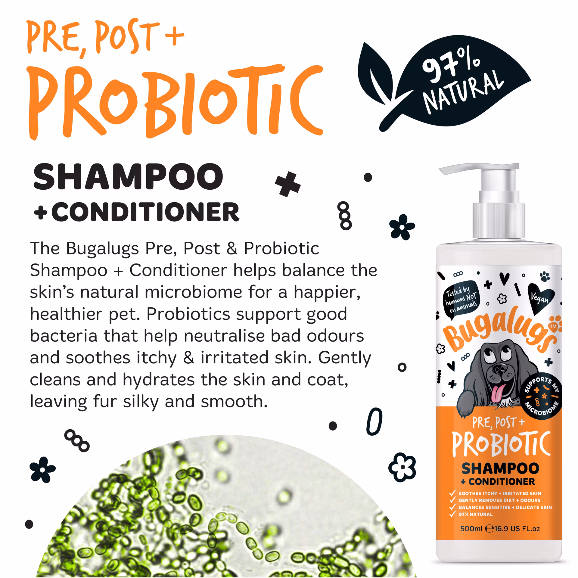 Bugalugs Pre, Post + Probiotic šampón s kondicionérom pre zdravú pokožku a srsť