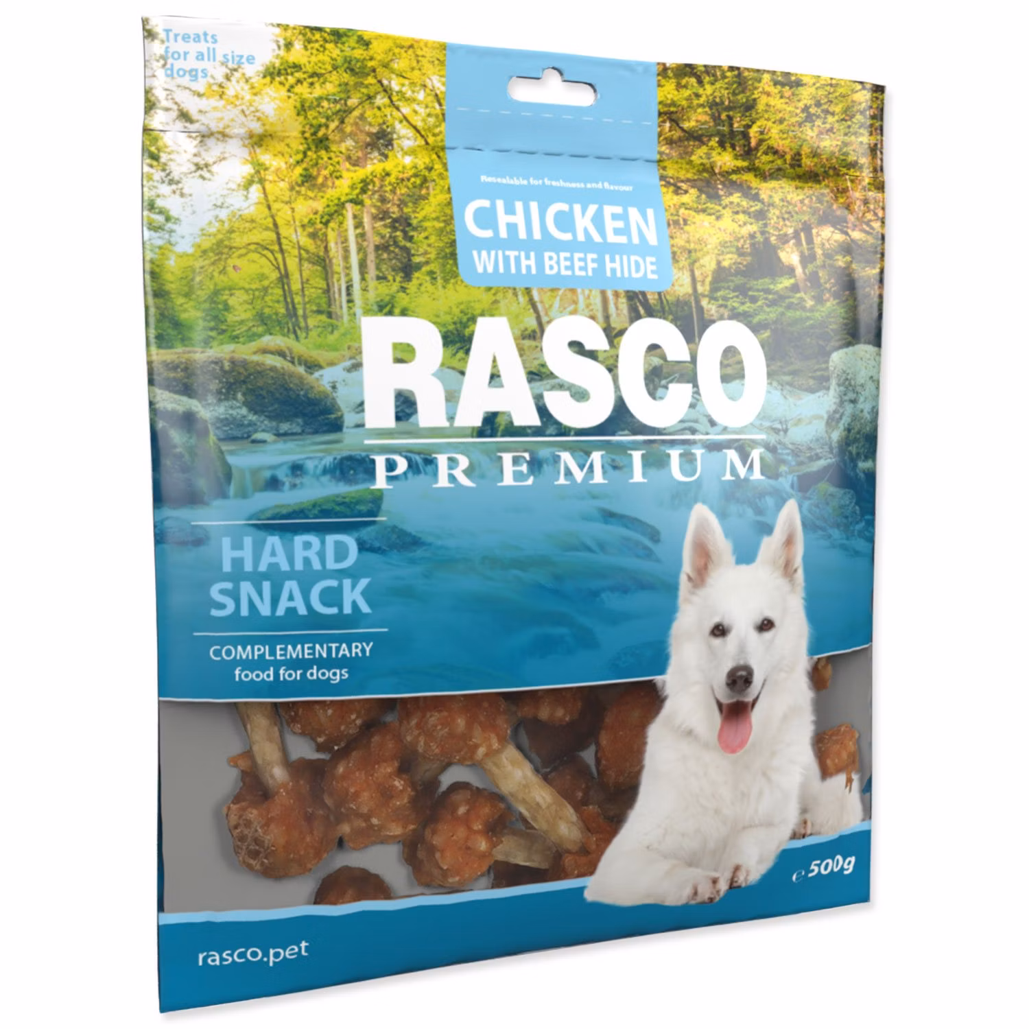 Pochúťka Rasco Premium byvolia koža obalená kuracím mäsom, paličky 500g