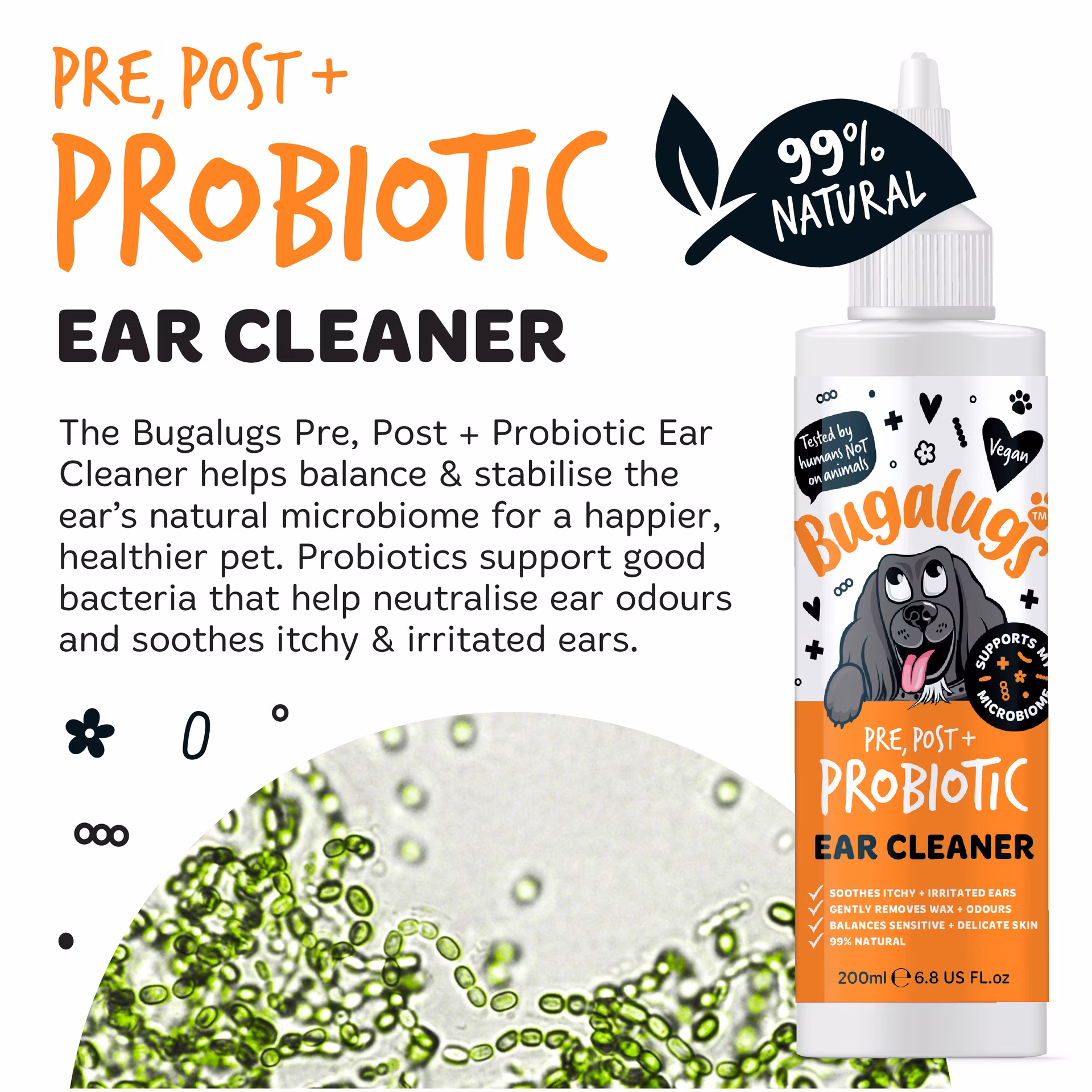 Bugalugs Pre, Post + Probiotic upokojujúci roztok na čistenie uší pre psov 200 ml