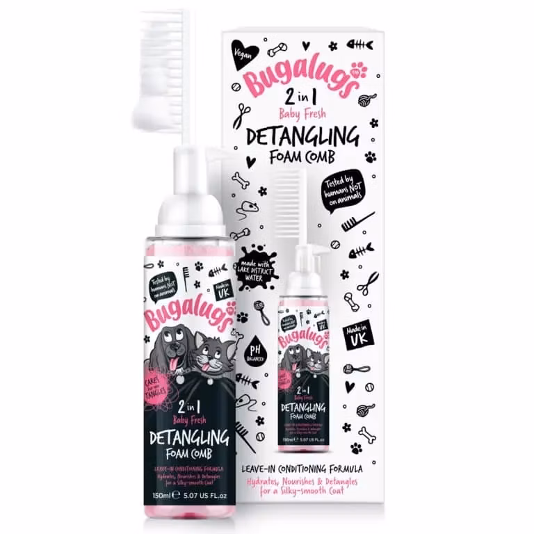 Bugalugs penový rozčesávač a kondicionér na srsť s hrebeňom pre psov 2v1 – Baby Fresh 150 ml