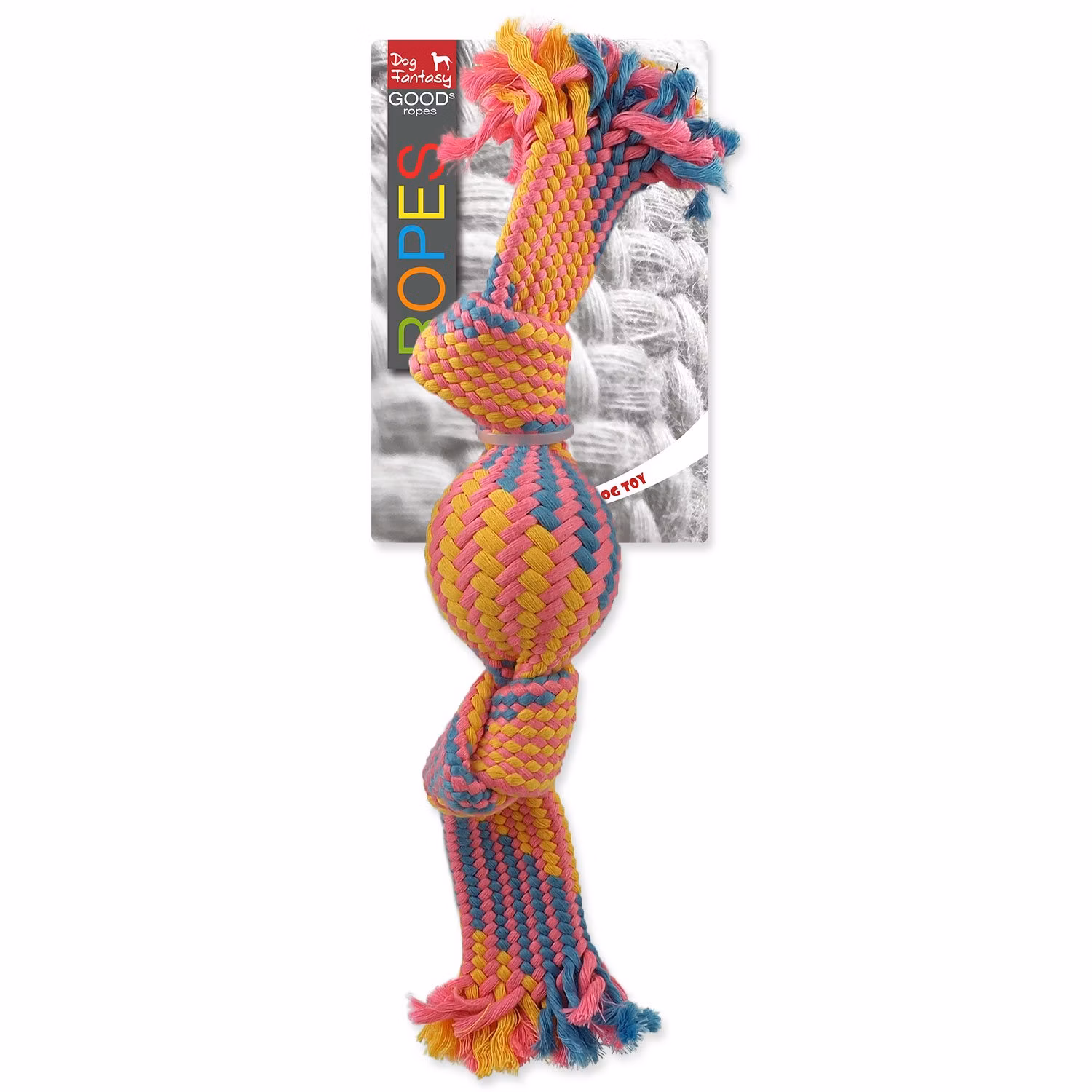 Hračka Dog Fantasy preťahovadlo s loptičkou farebný vzor 2, 2 knôty 33cm