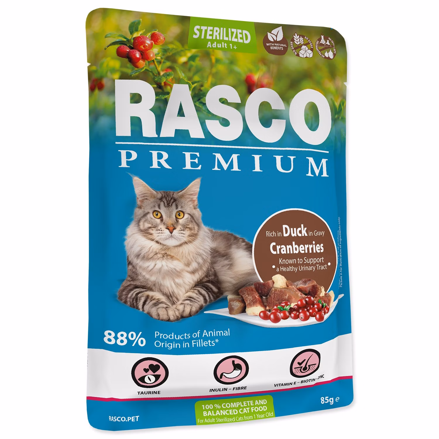 Kapsička Rasco Premium Sterilized kačka s brusnicou 85g