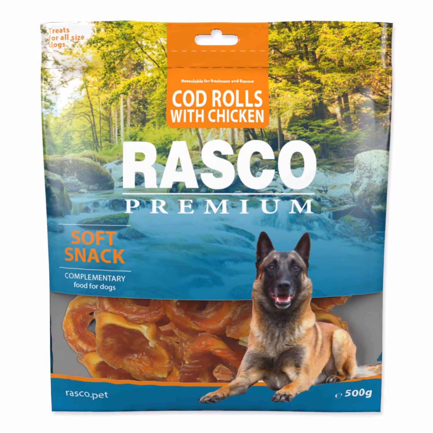 Pochúťka Rasco Premium treska obalená kuracím, rolky 500g