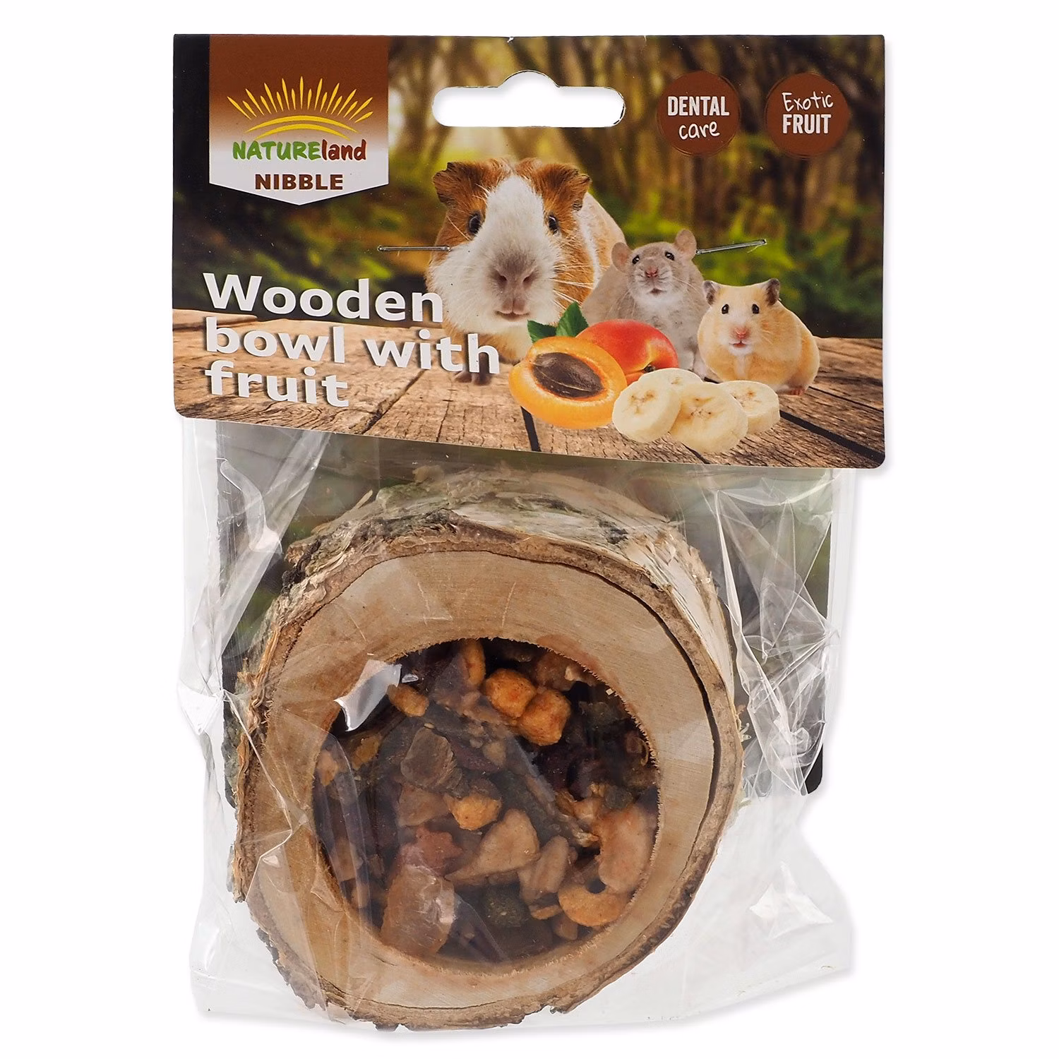Pochúťka Miska Nature Land Nibble plnená ovocím drevená 120g