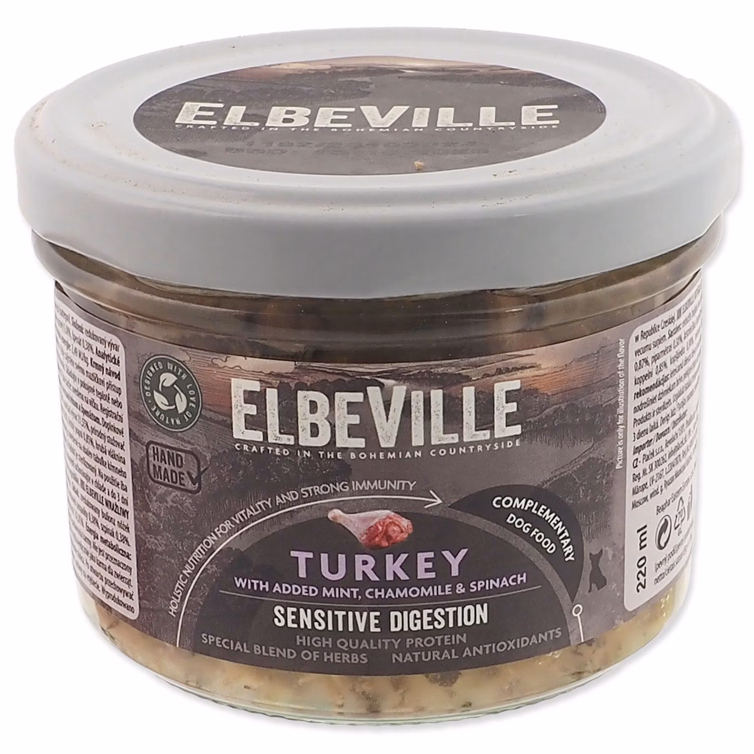 Pohár Elbeville Dog Sensitive Digestion, morčacie s pridanou mätou, harmančekom a špenátom 220ml