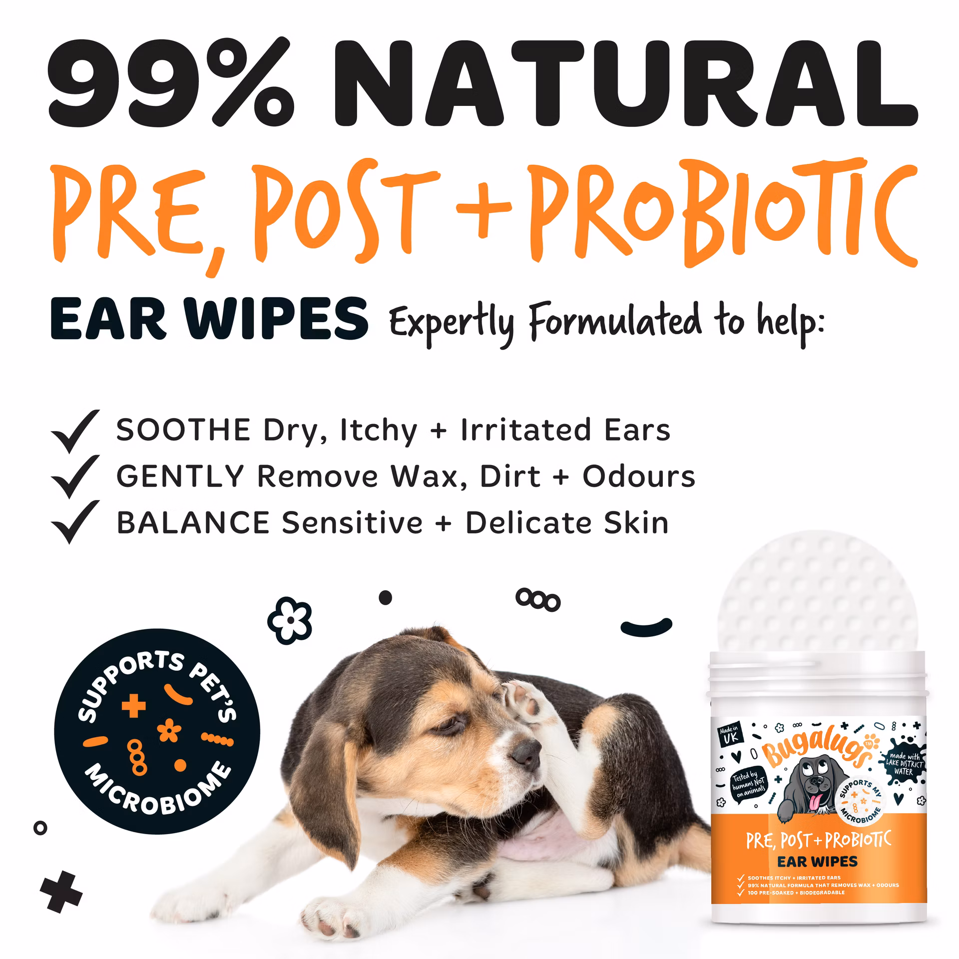 Bugalugs Pre, Post + Probiotic vlhčené utierky na čistenie uší pre psov 100 ks