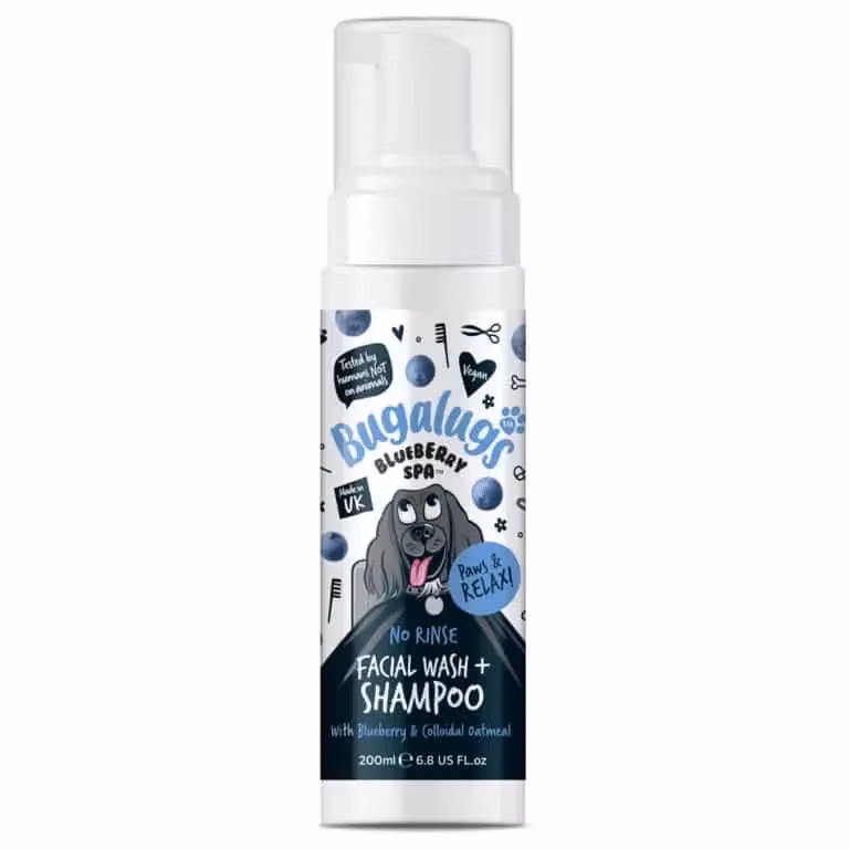 Bugalugs bezoplachový šampón na tvár a srsť pre psov – Blueberry Spa 200 ml