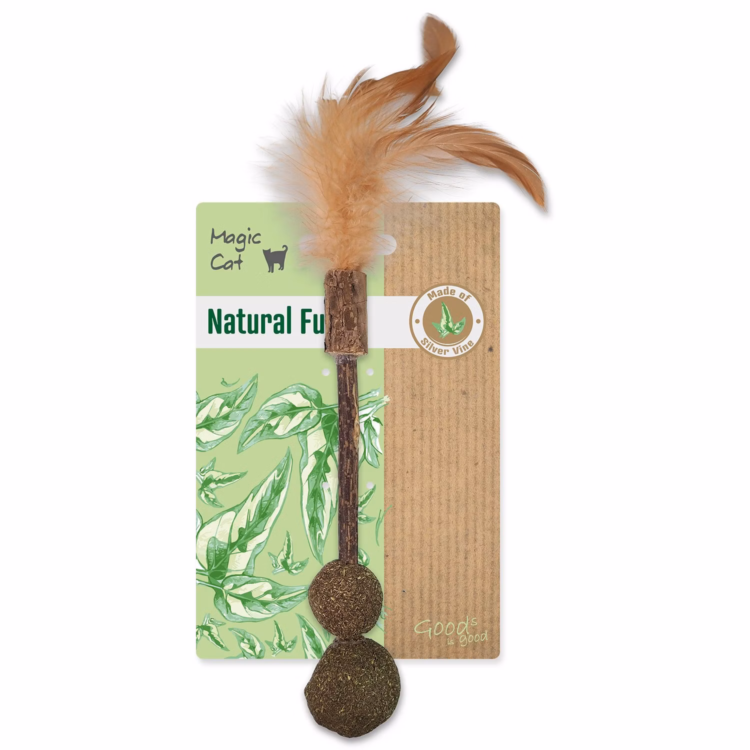 Hračka Magic Cat Natural Fun drievko s prírodnými pierkami a zelenými guľami 18cm