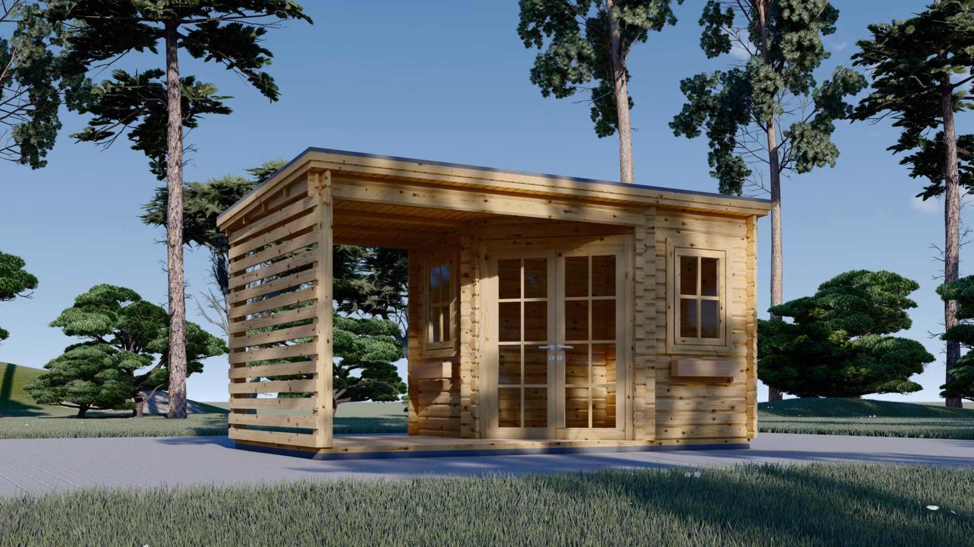 Drevený záhradný domček s pergolou AIDA PLUS (28 mm), 5x3 m, 9 m² + 6,5 m²