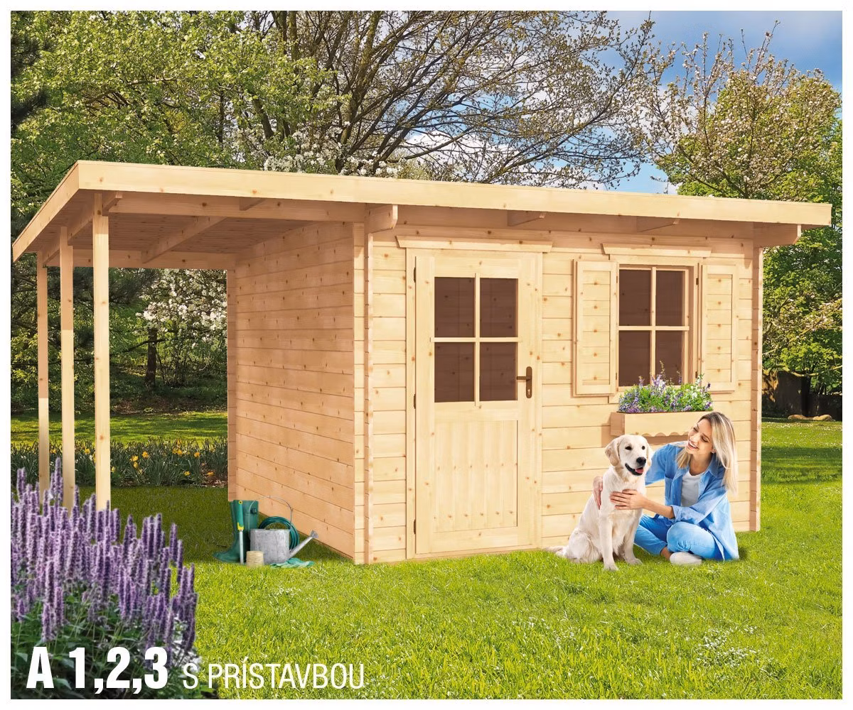 BPP A1 záhradná chatka s prístreškom, 445 x 250 cm, 28 mm 581965