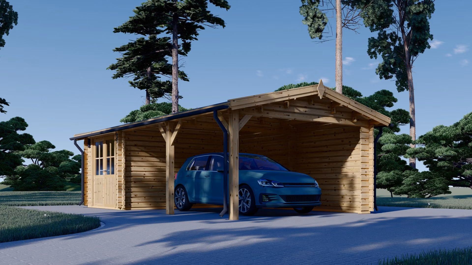 Holzcarport 4x5 m mit Schuppen 4x2,5 m, (44 mm)